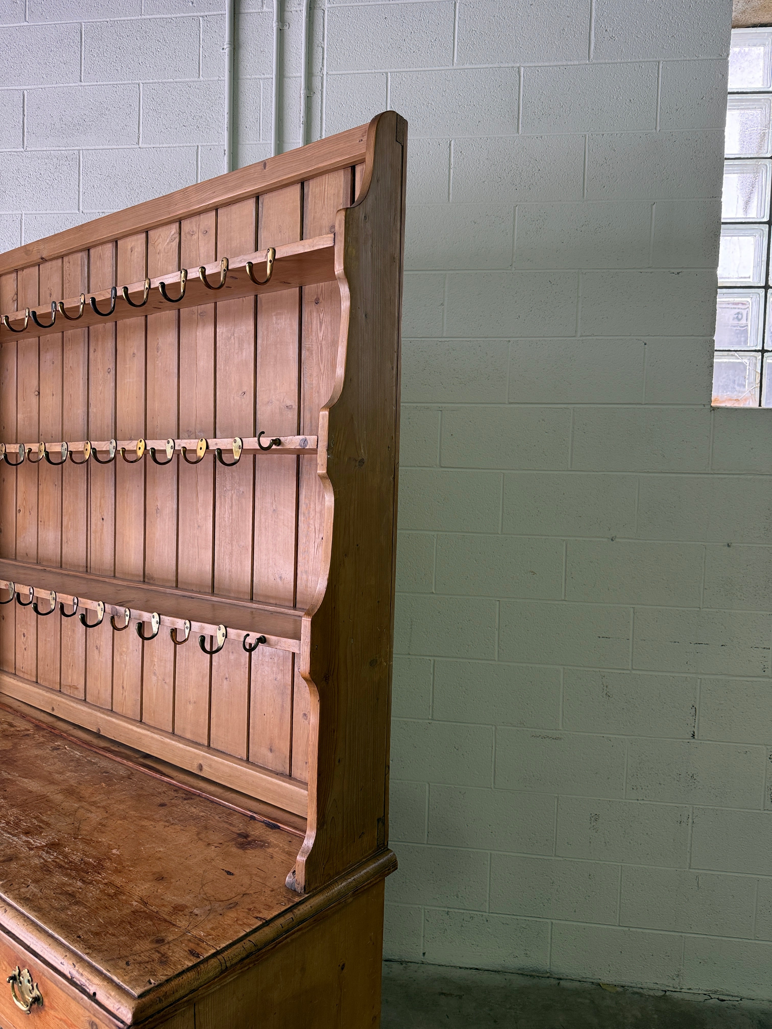 Antique pine waterfall kitchen dresser with hooks