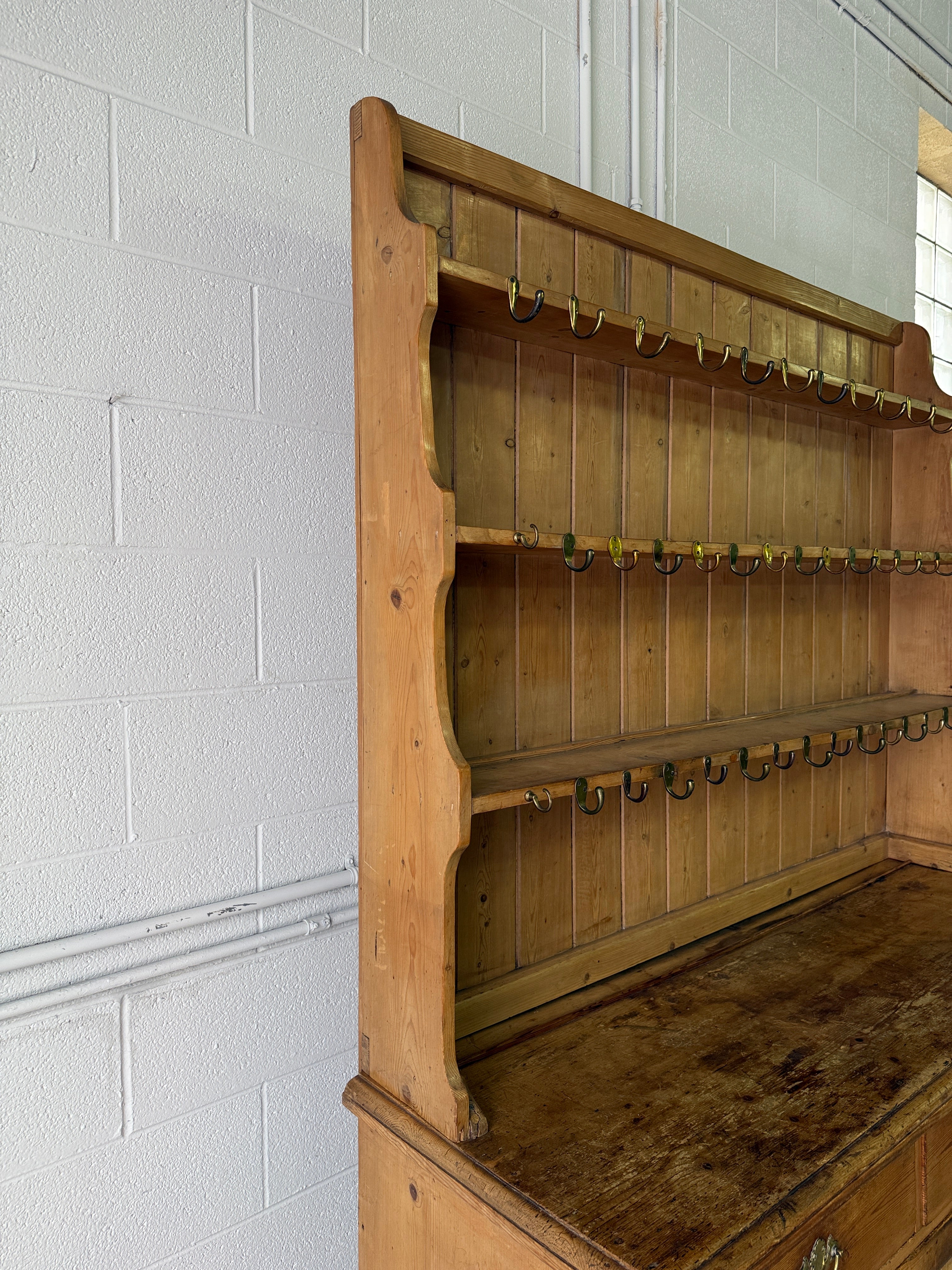 Antique pine waterfall kitchen dresser with hooks