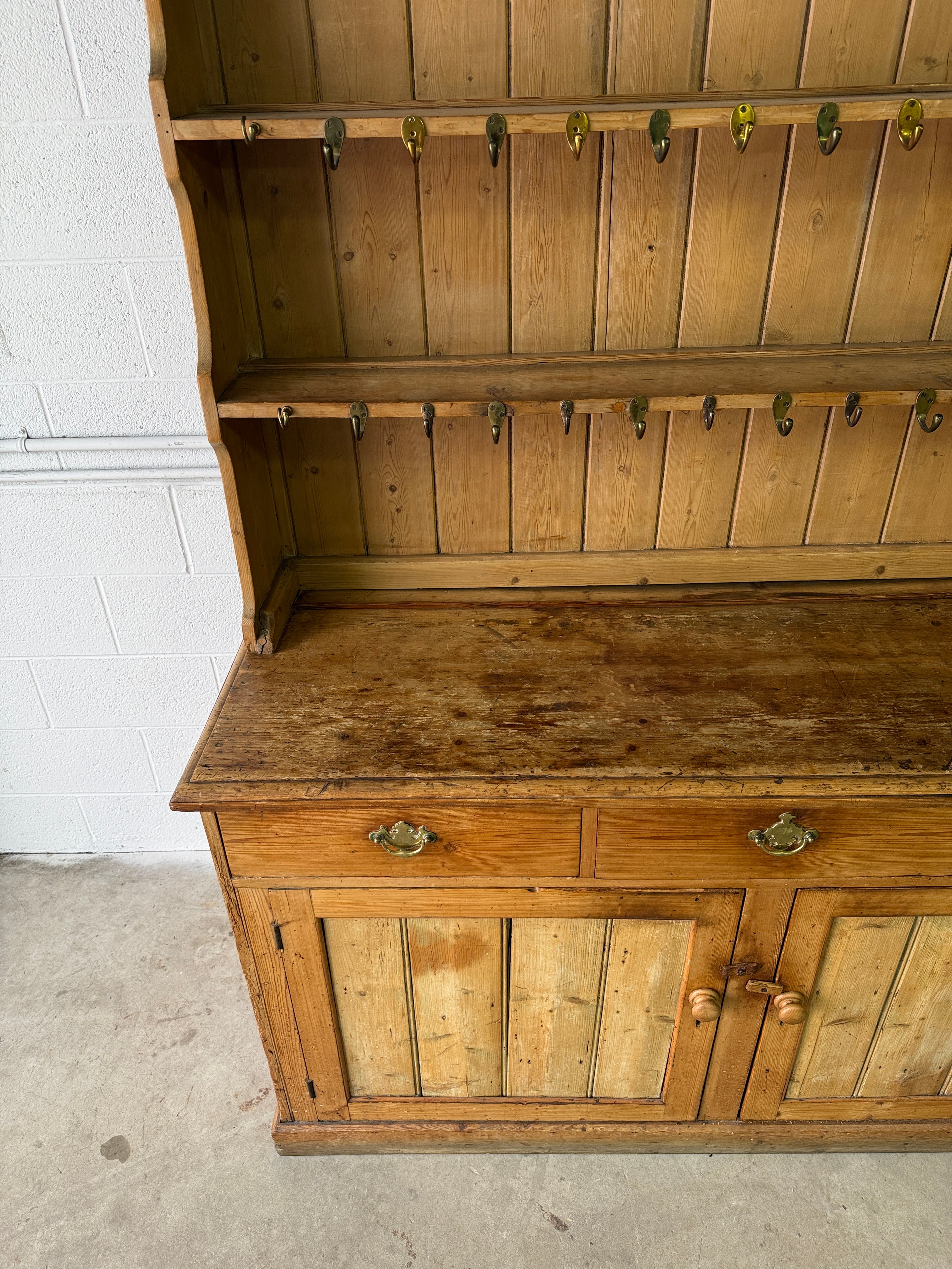 Antique pine waterfall kitchen dresser with hooks