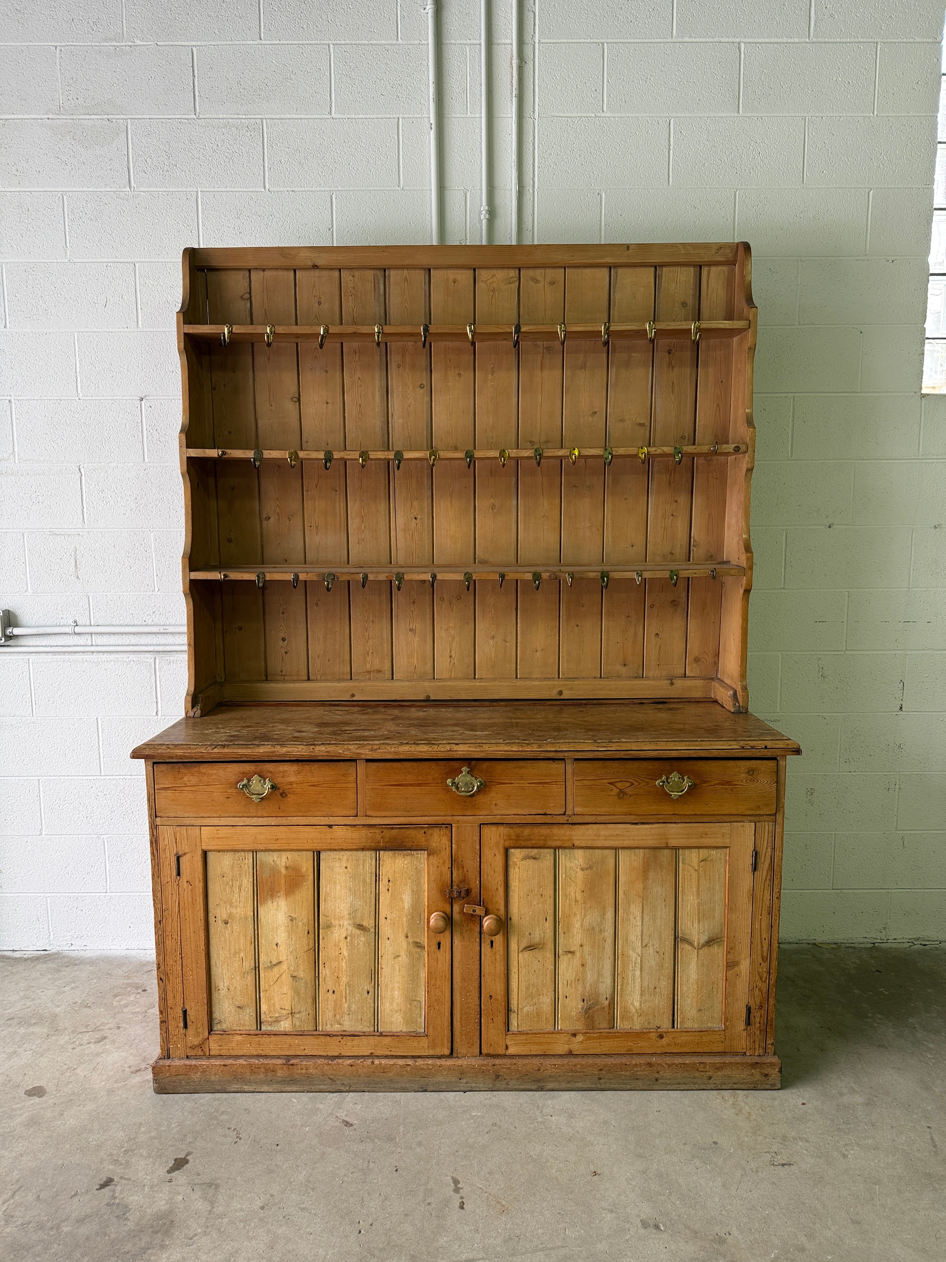 Antique pine waterfall kitchen dresser with hooks