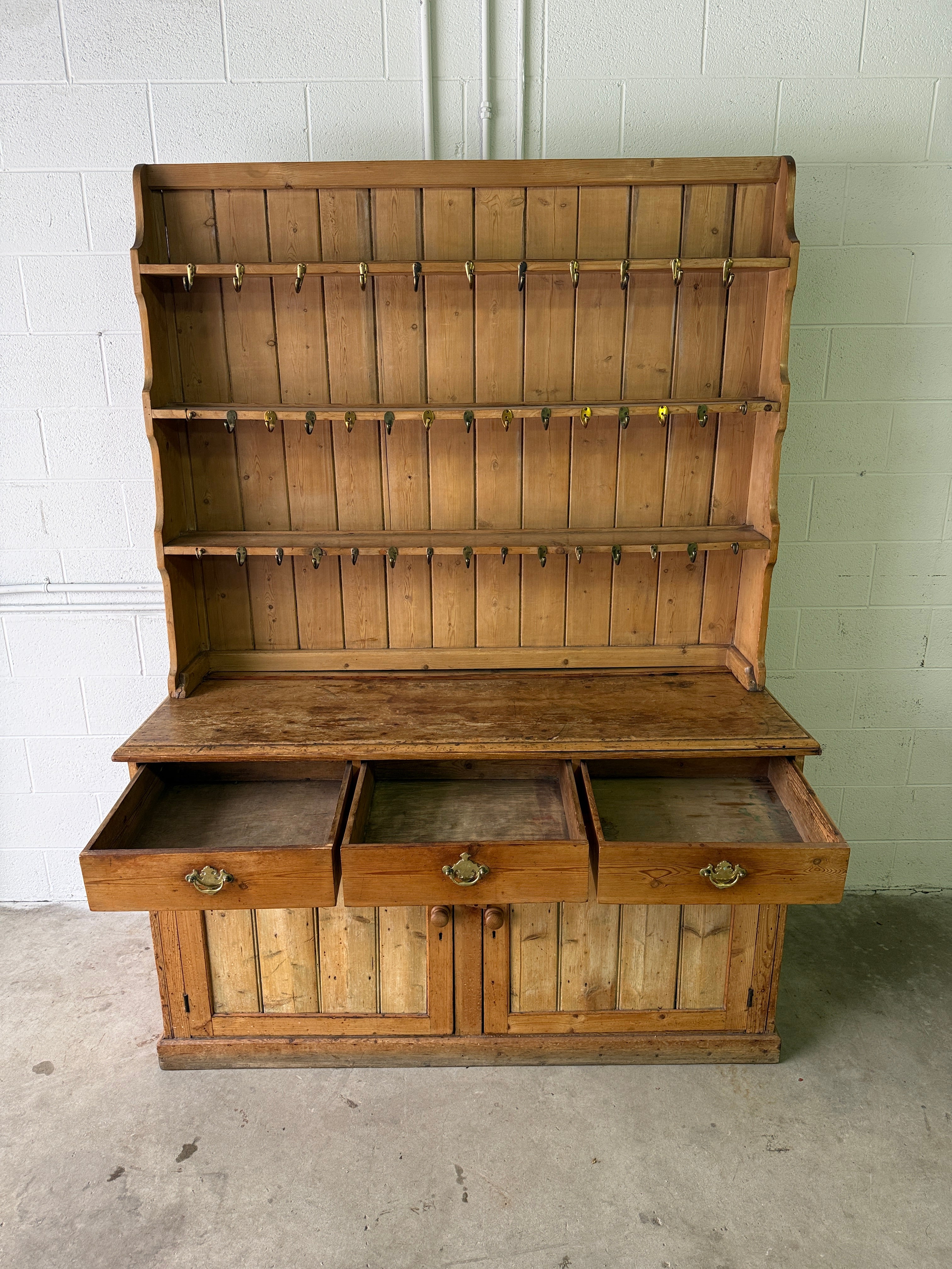 Antique pine waterfall kitchen dresser with hooks