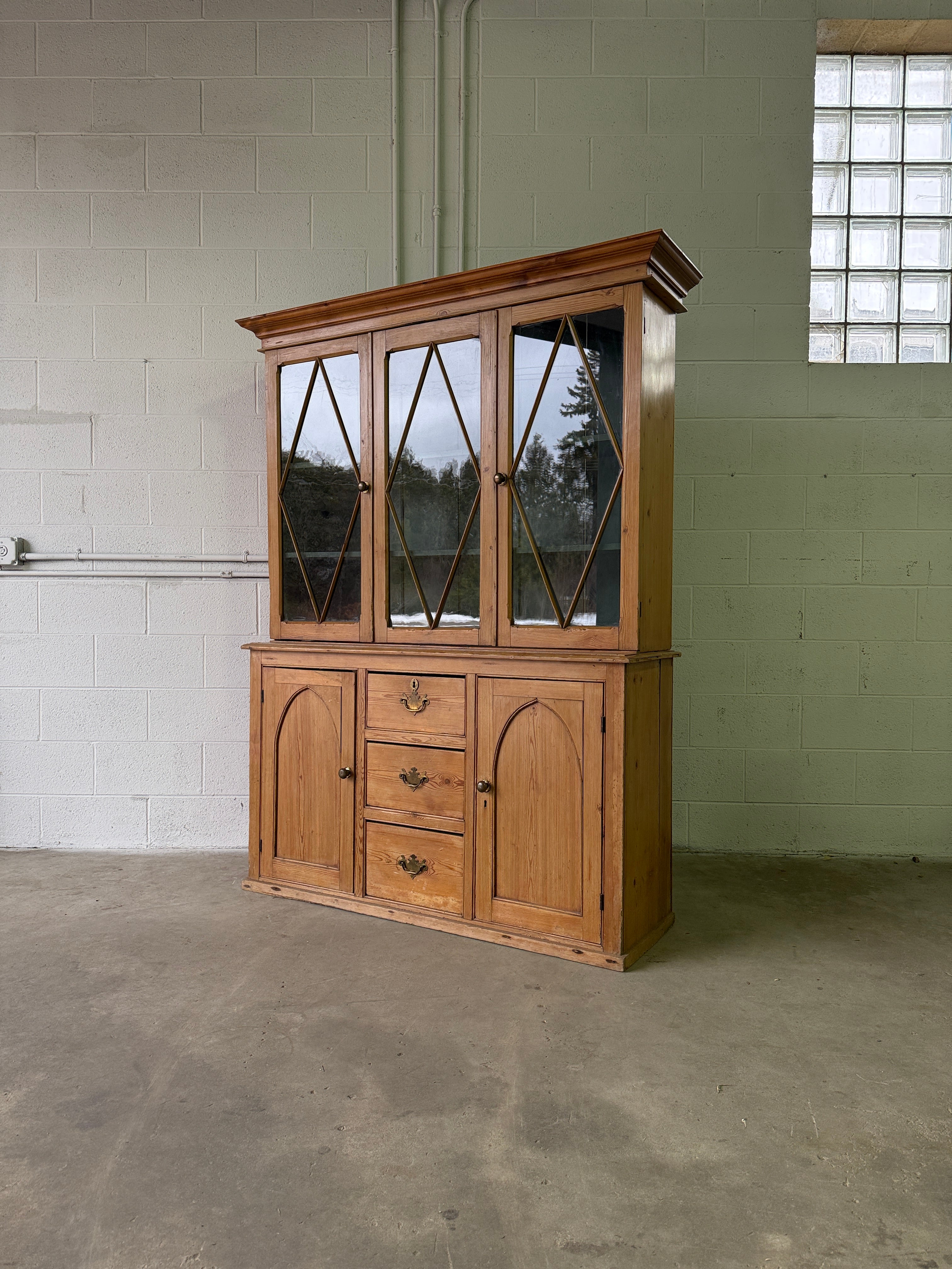 Antique English pine hutch with glass doors