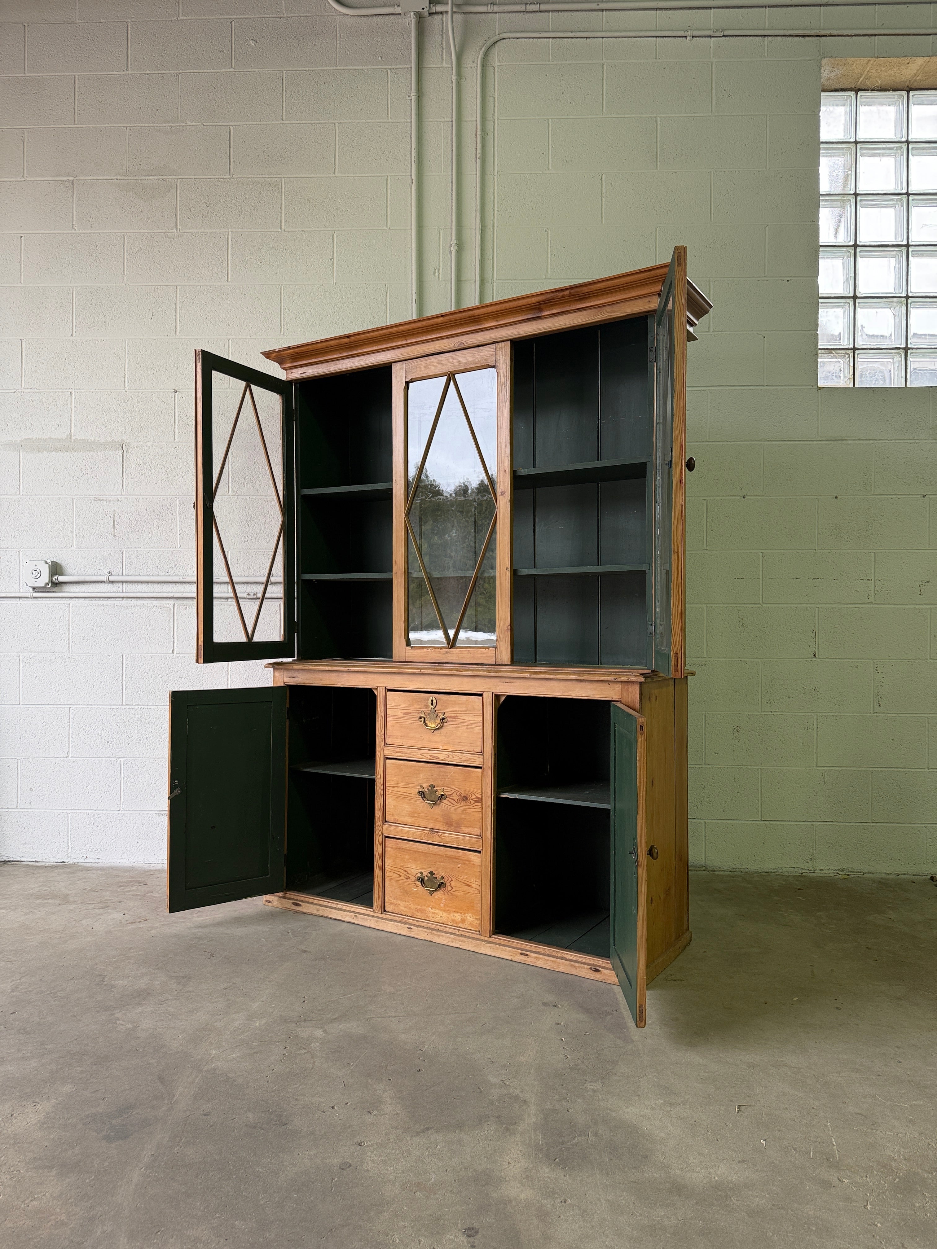 Antique English pine hutch with glass doors