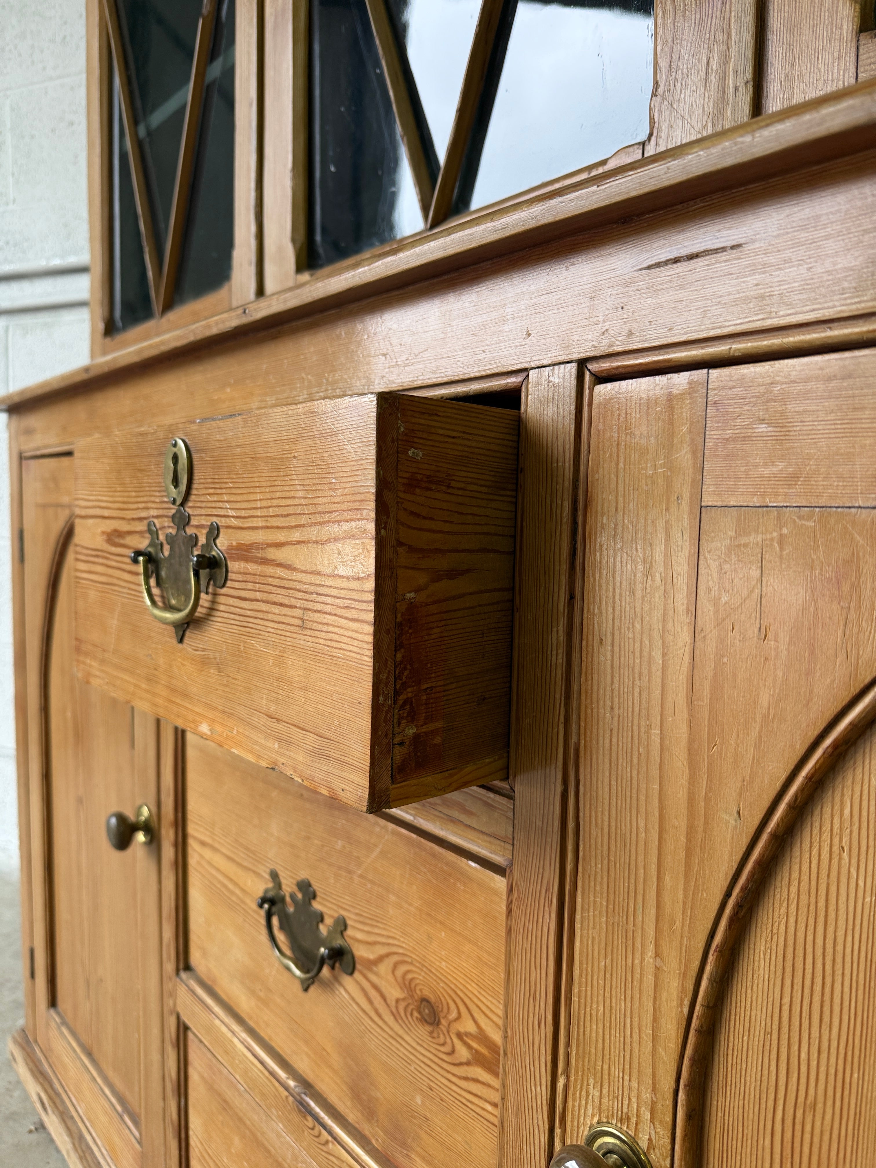 Antique English pine hutch with glass doors