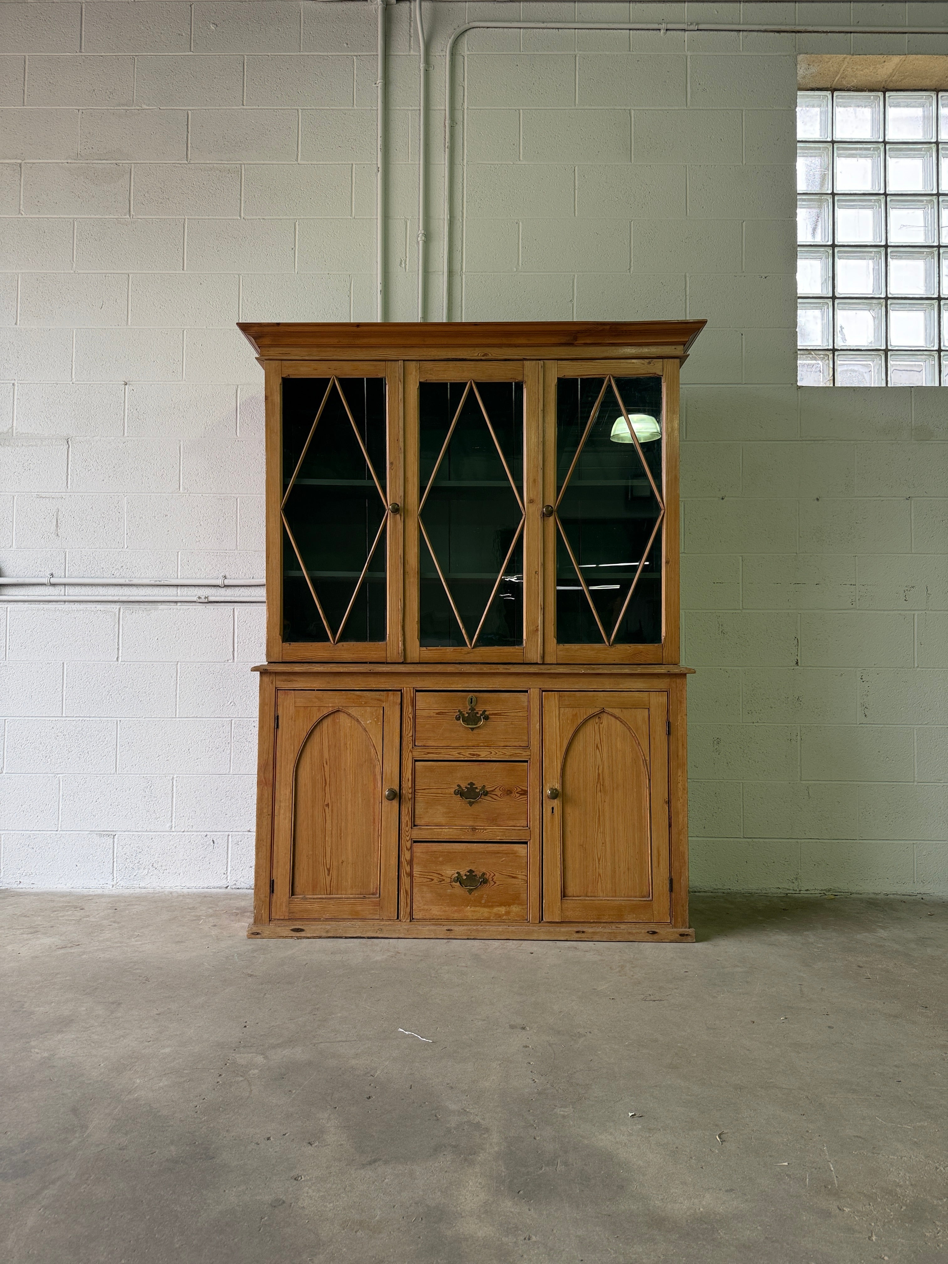 Antique English pine hutch with glass doors