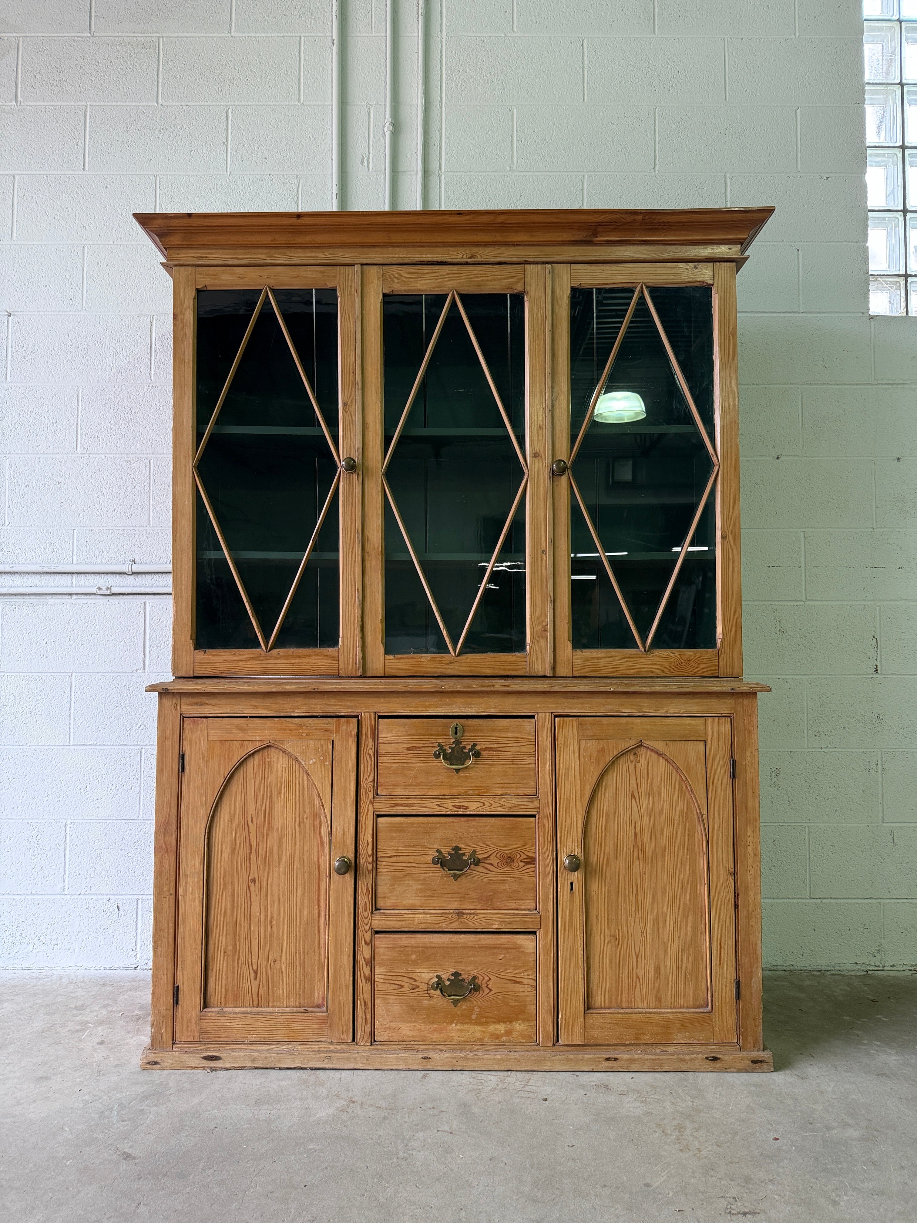 Antique English pine hutch with glass doors