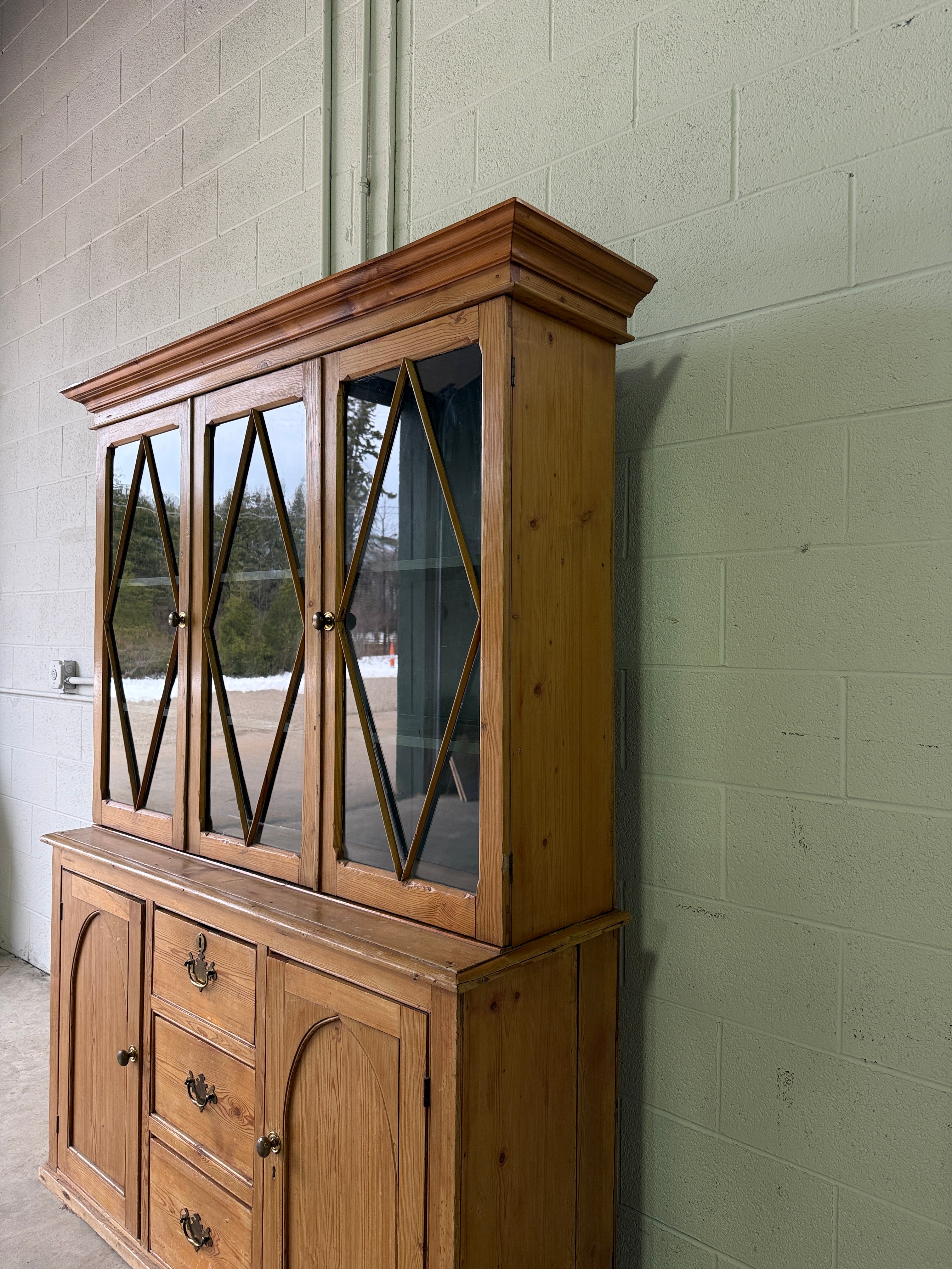 Antique English pine hutch with glass doors