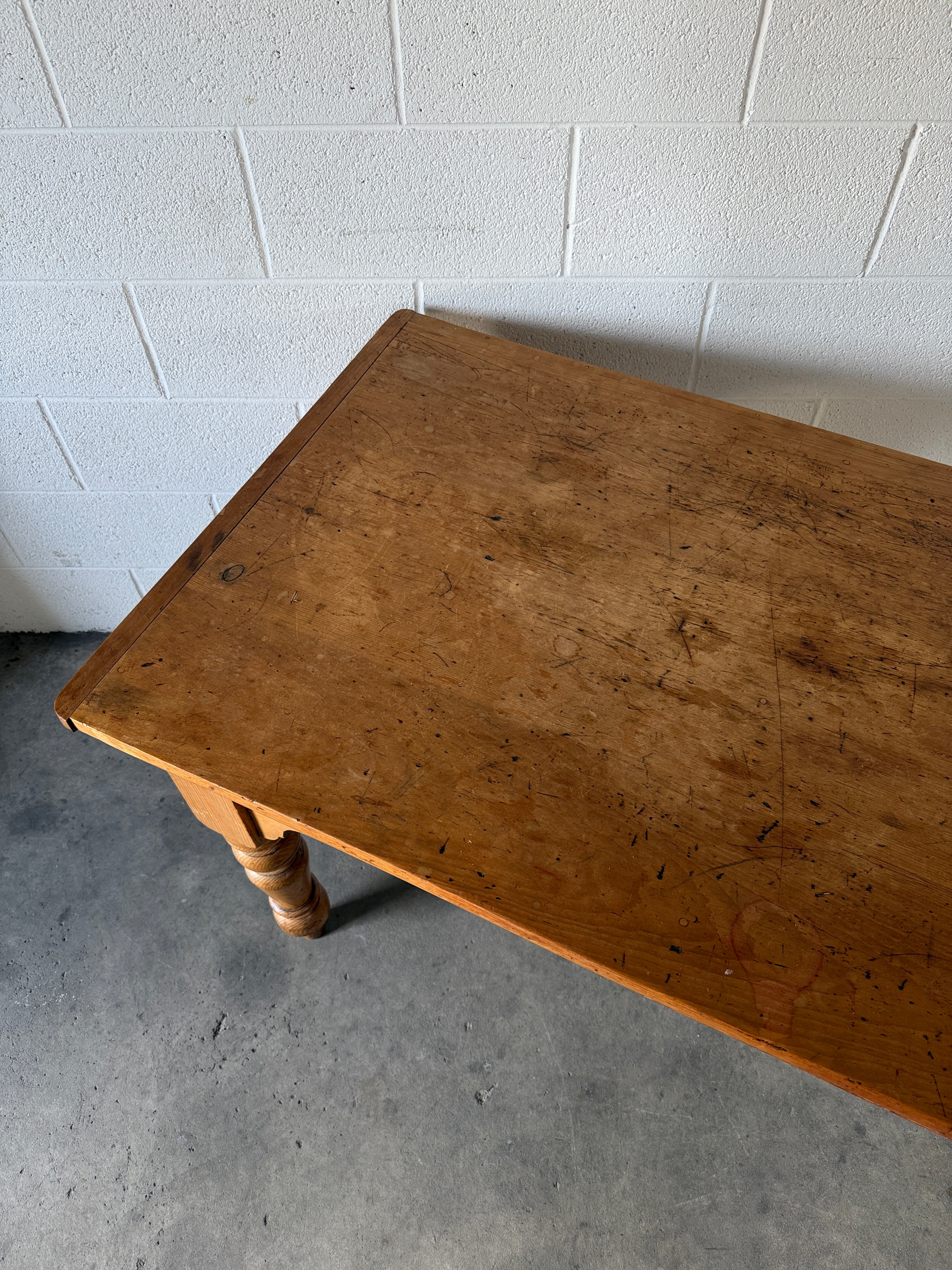 8’ antique pine dining table with detailed apron