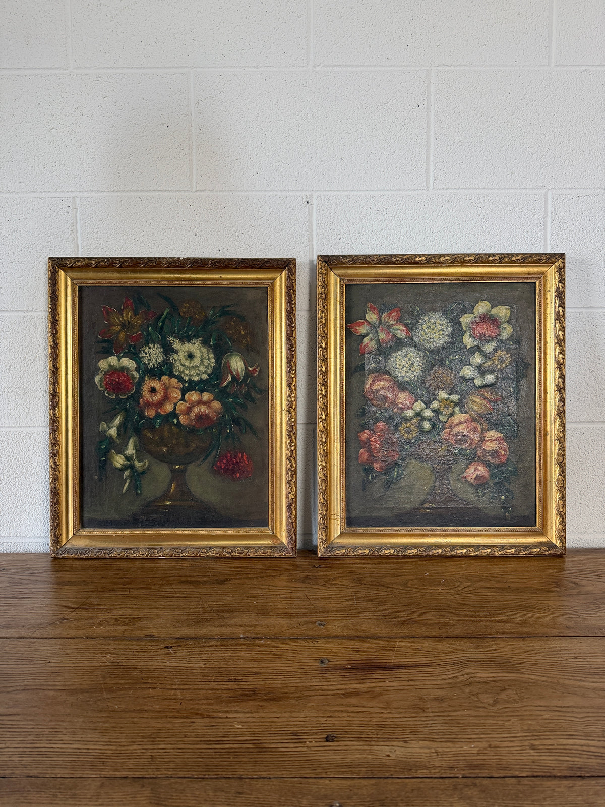 Pair of antique oil paintings on canvas - florals