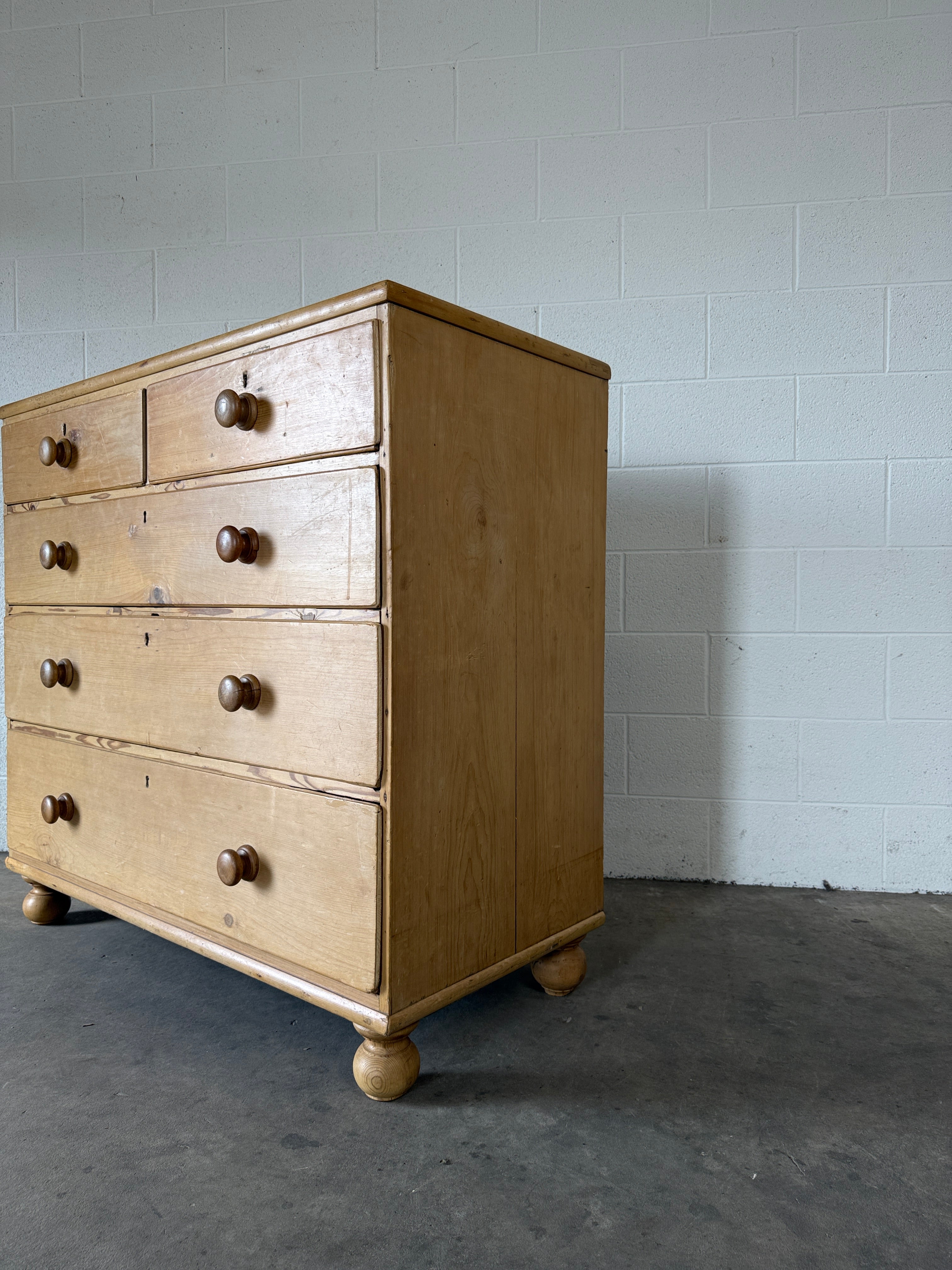 English Antique Pine Chest of Drawers on bun feet