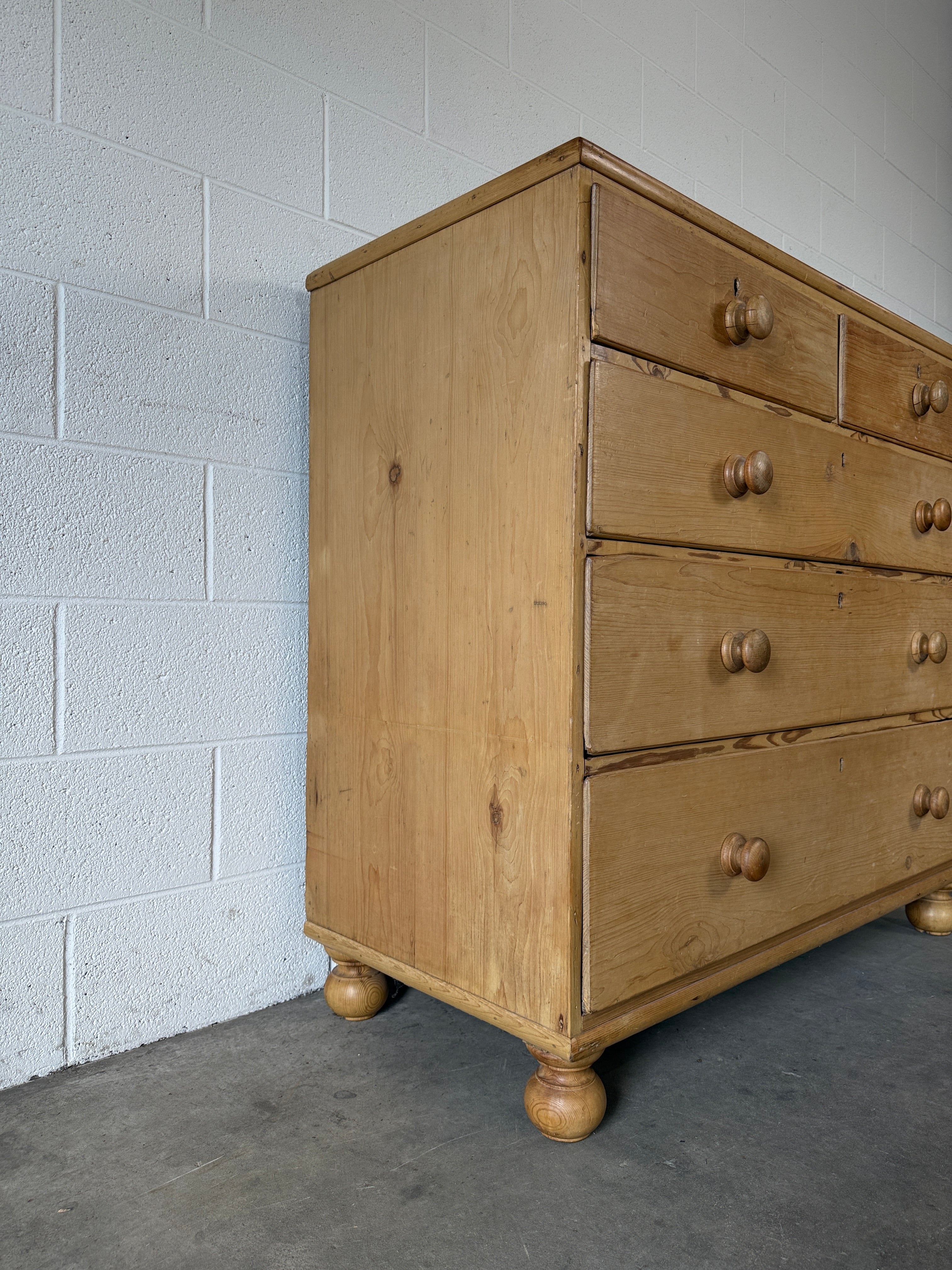 English Antique Pine Chest of Drawers on bun feet
