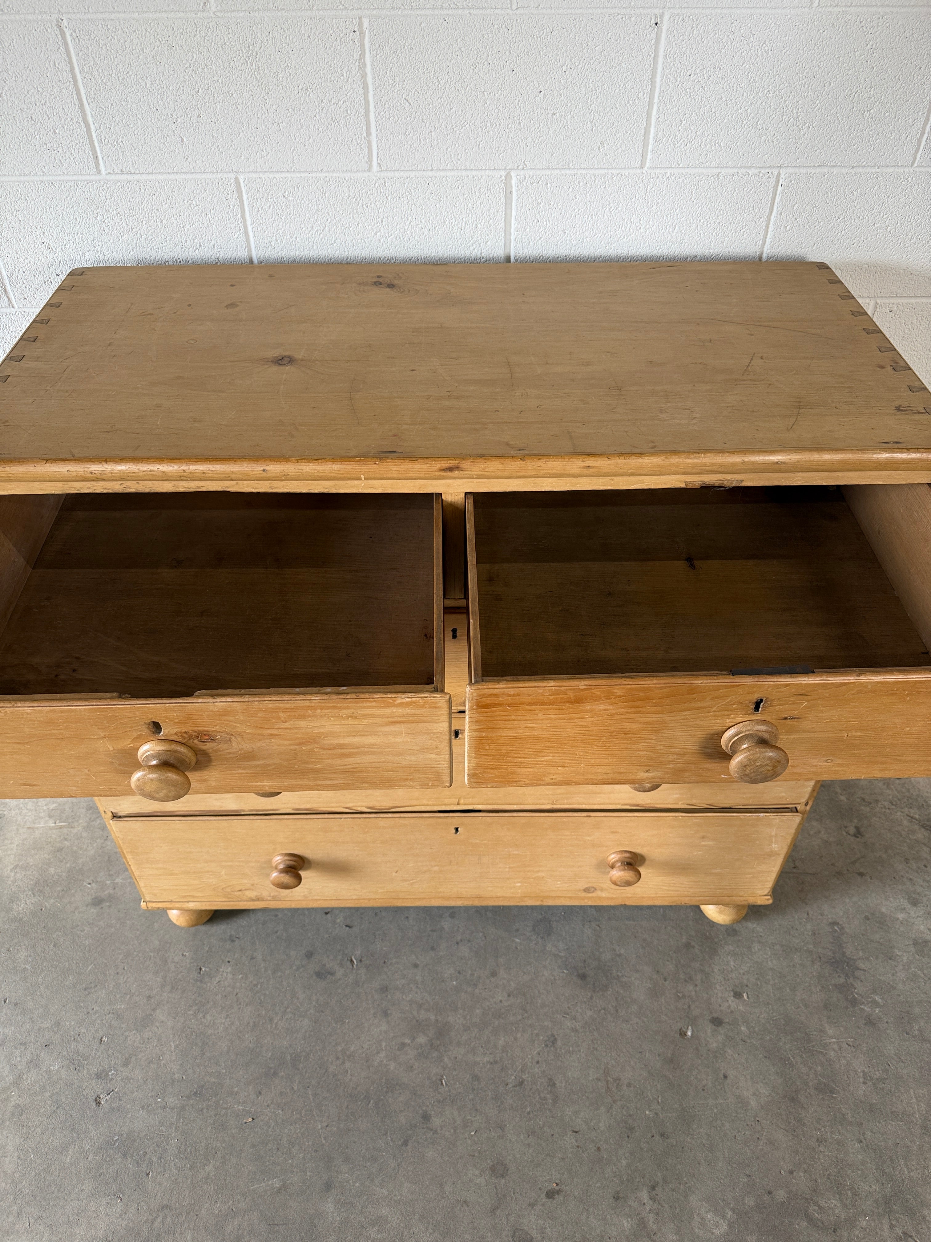 English Antique Pine Chest of Drawers on bun feet