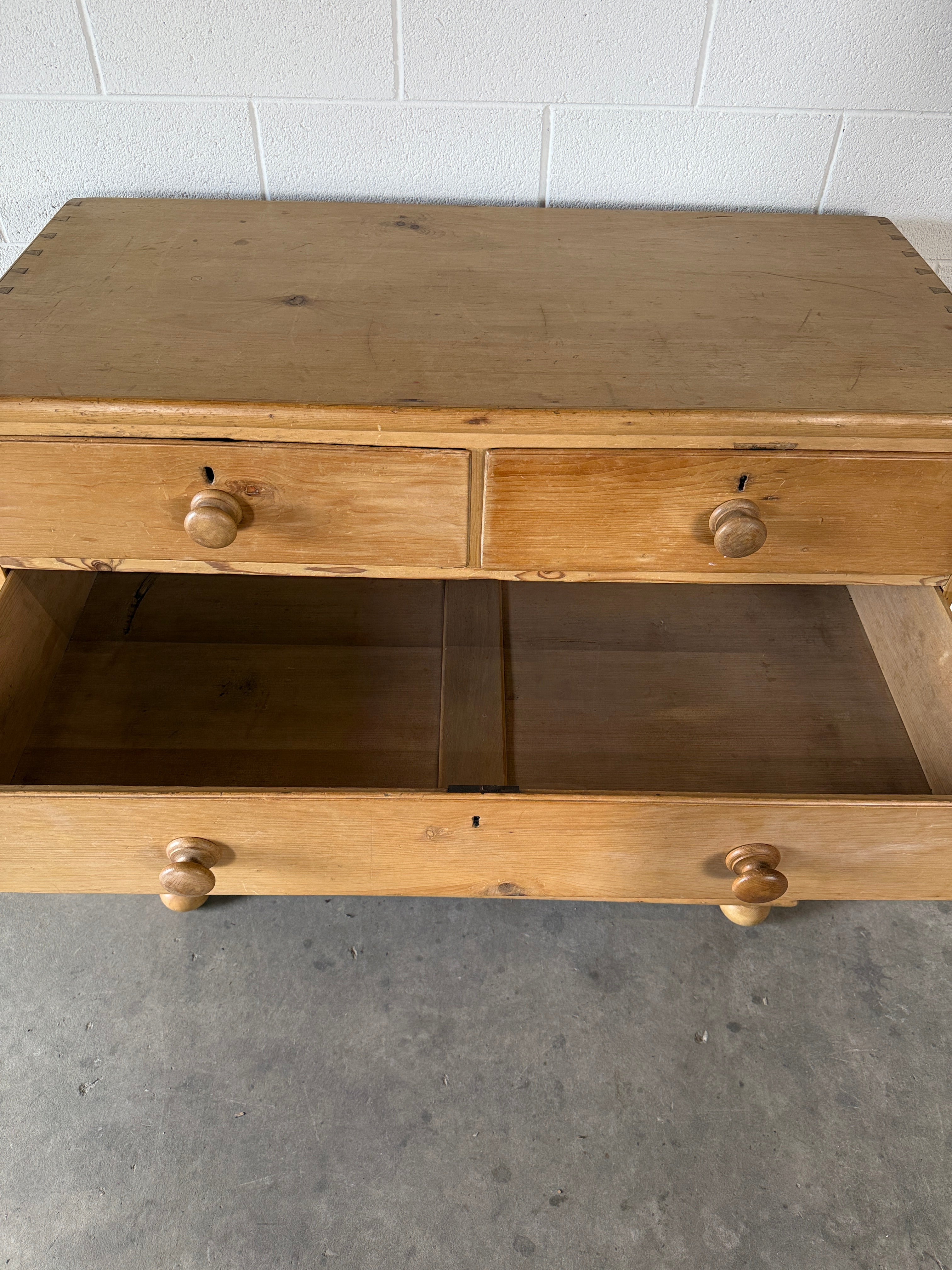 English Antique Pine Chest of Drawers on bun feet