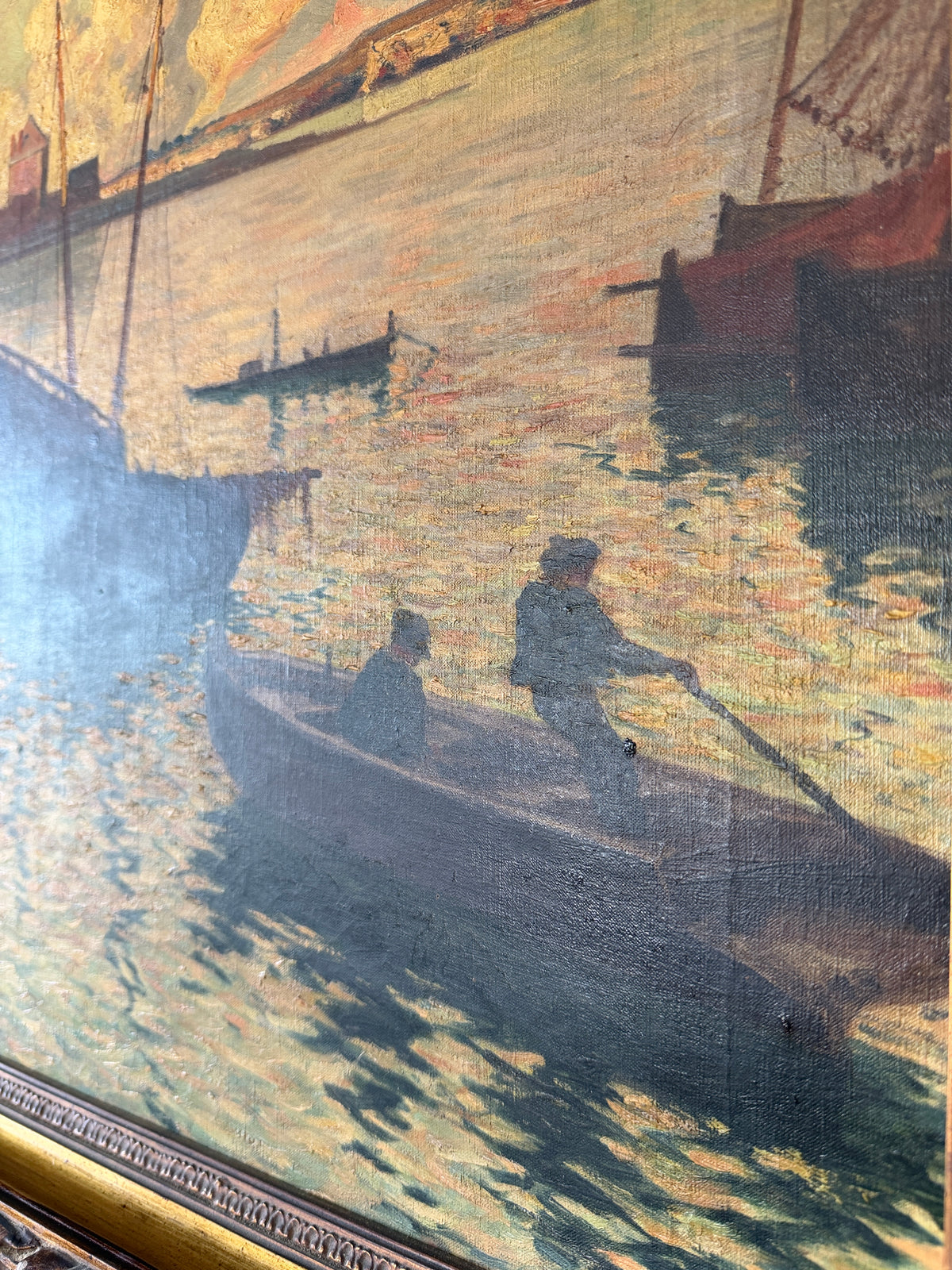 Antique European oil on canvas - ships at sunset