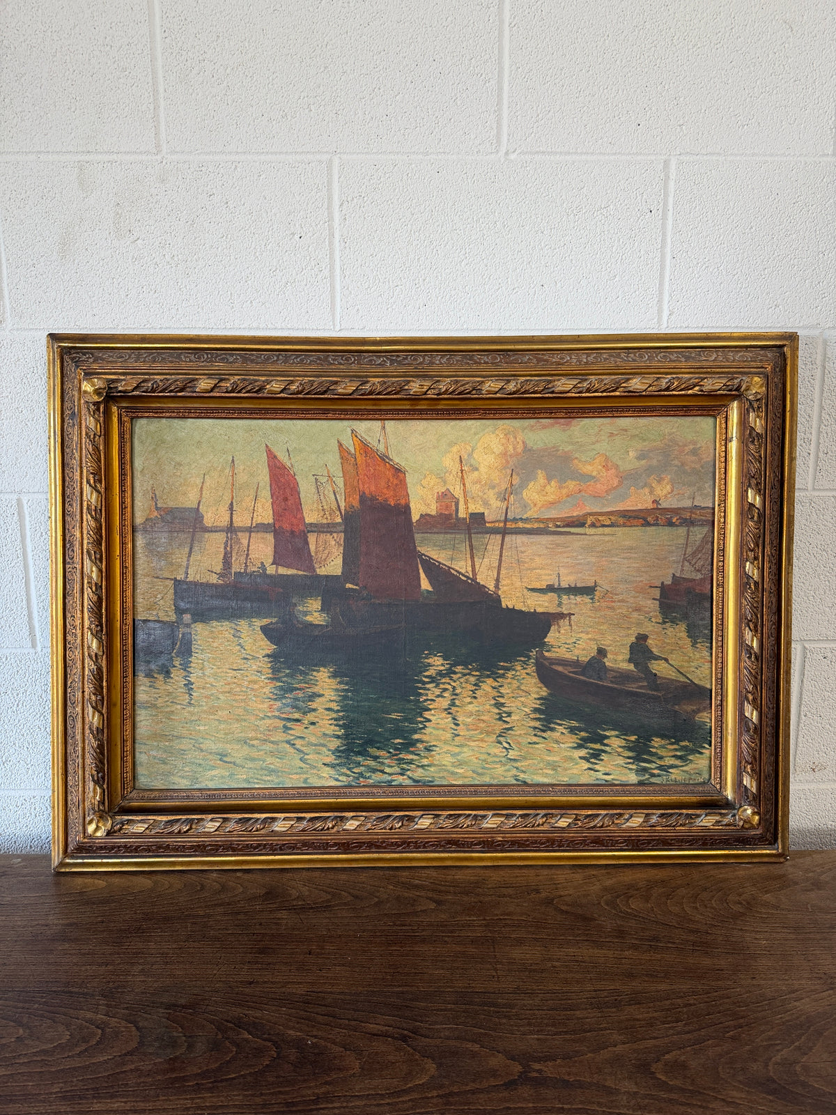 Antique European oil on canvas - ships at sunset