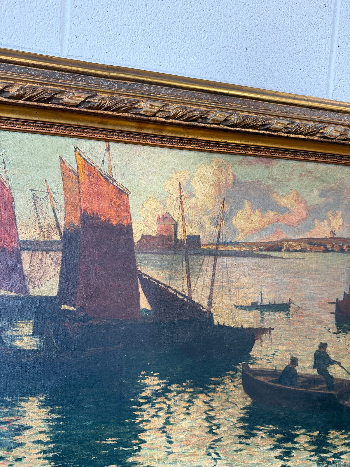Antique European oil on canvas - ships at sunset