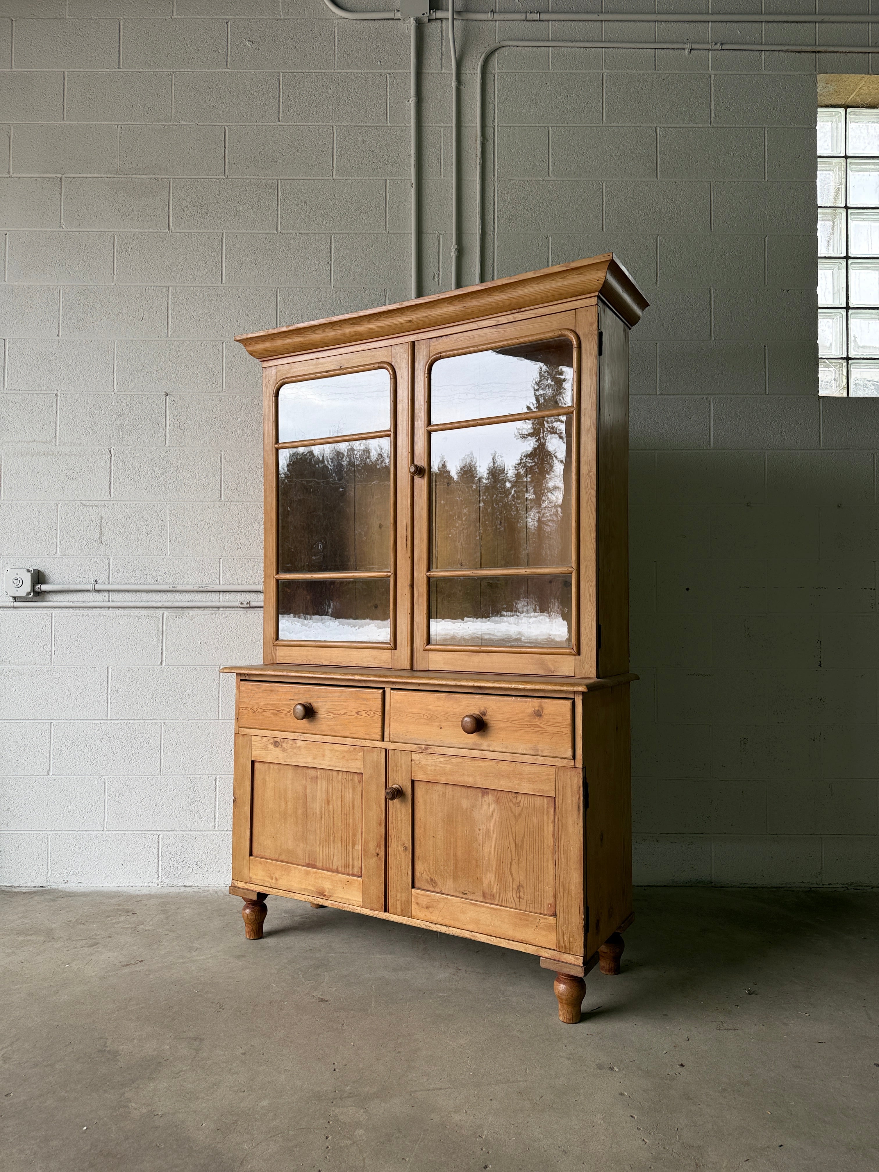 Beautiful antique pine cupboard with original glass