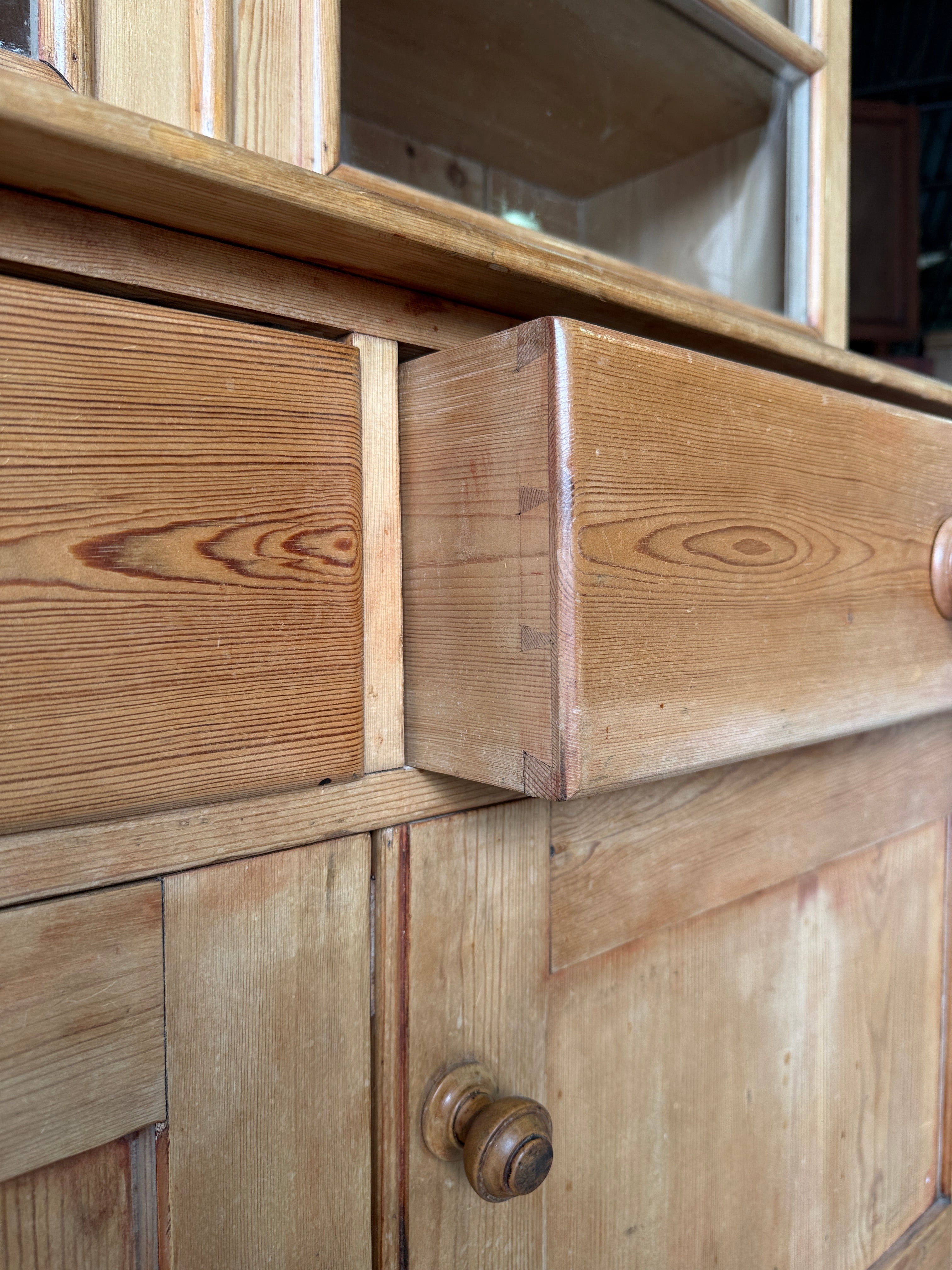 Beautiful antique pine cupboard with original glass