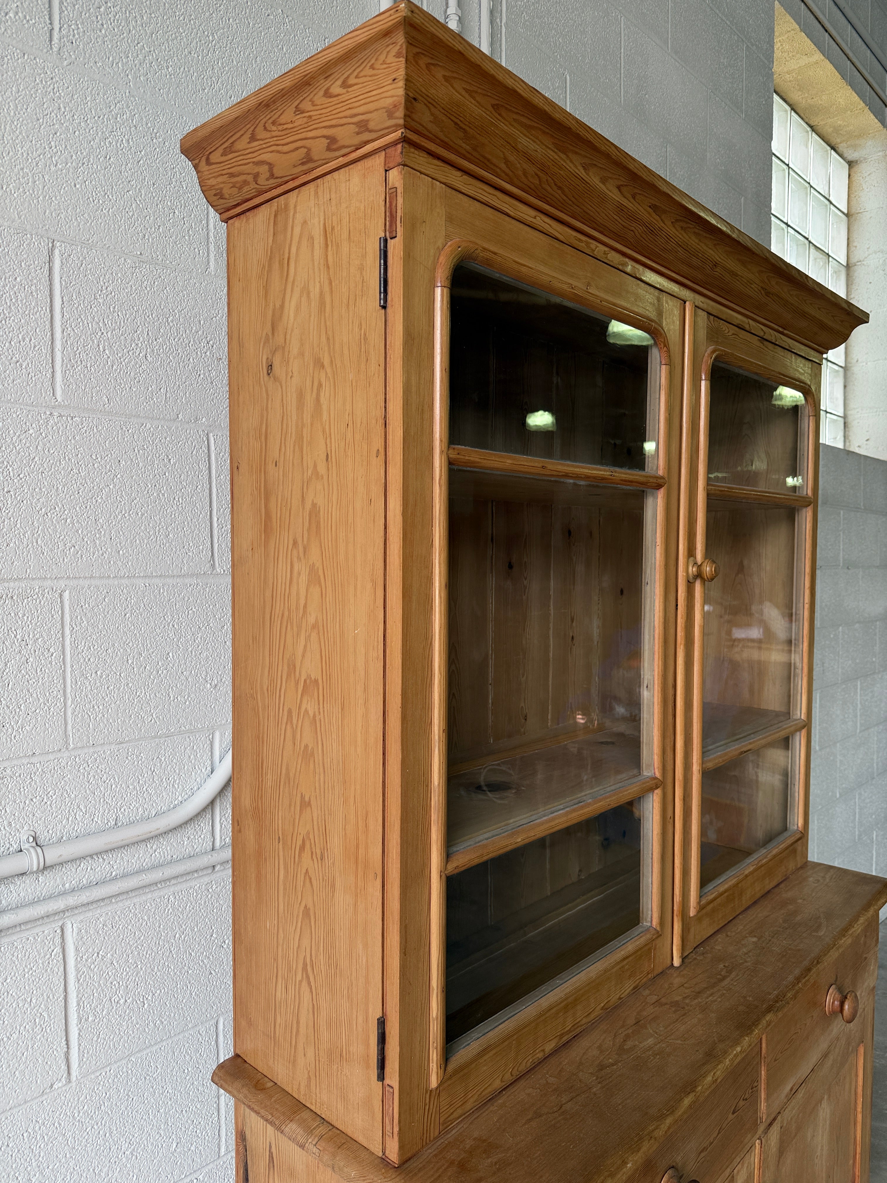 Beautiful antique pine cupboard with original glass