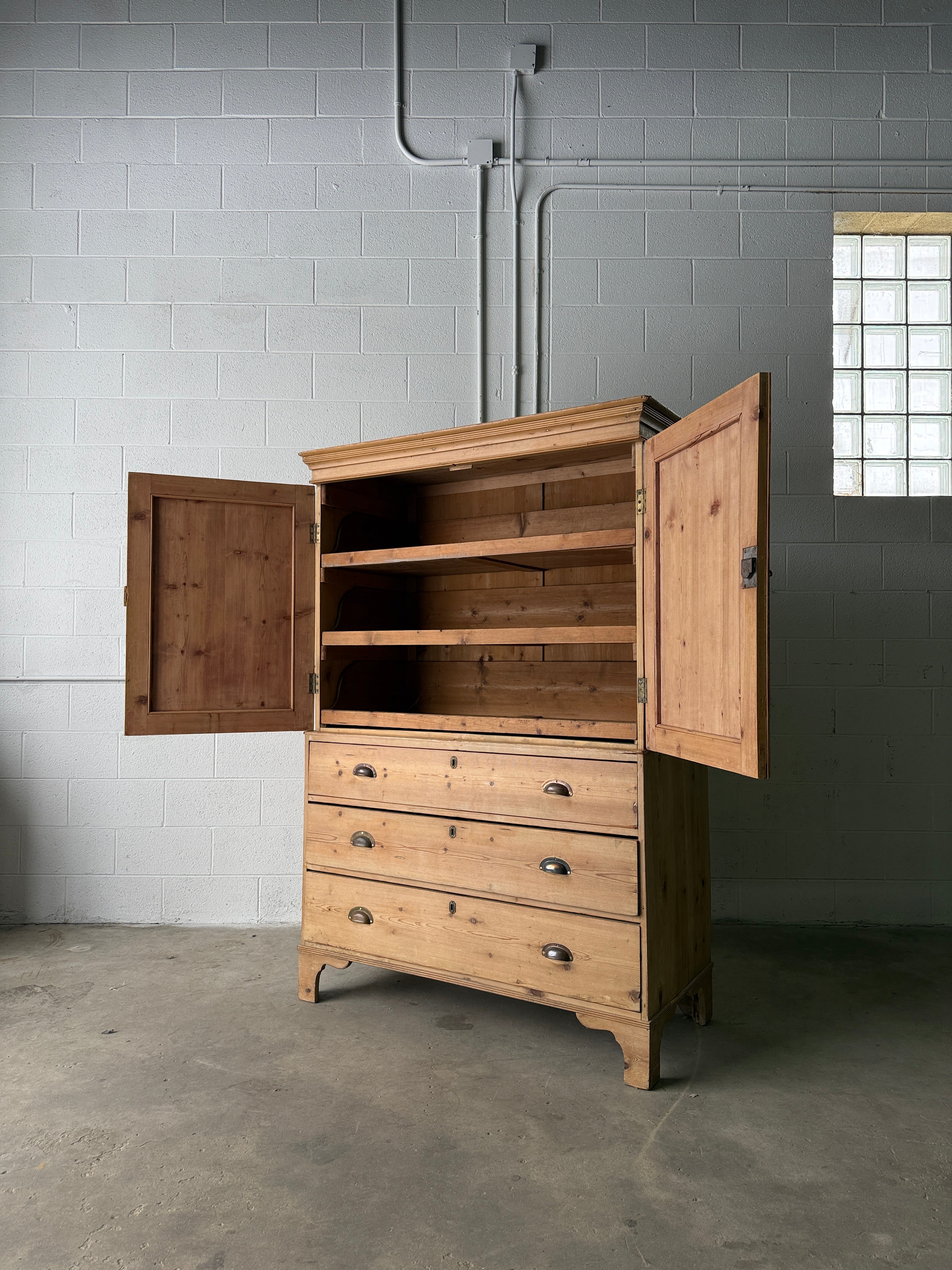 Antique pine linen press with working key