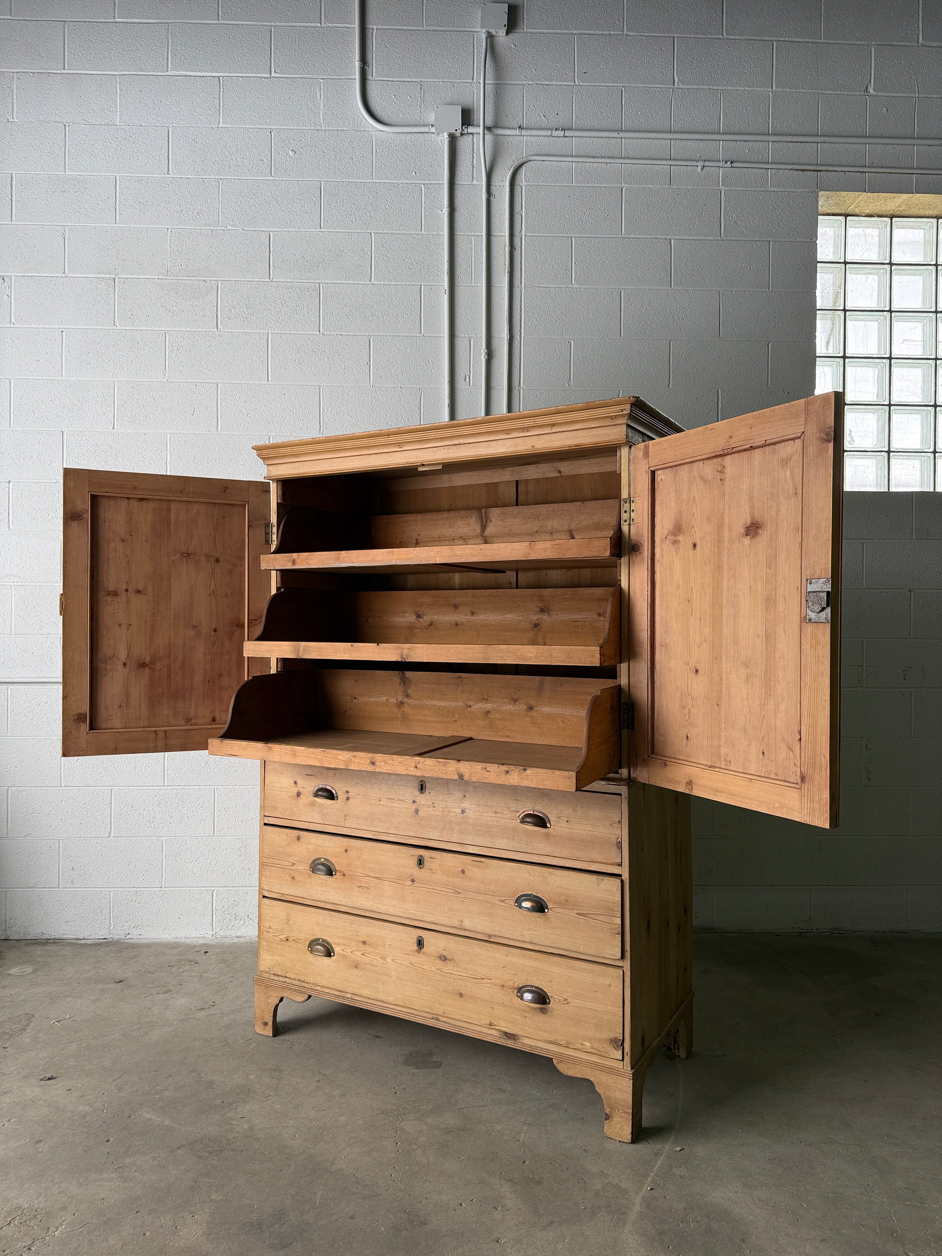 Antique pine linen press with working key