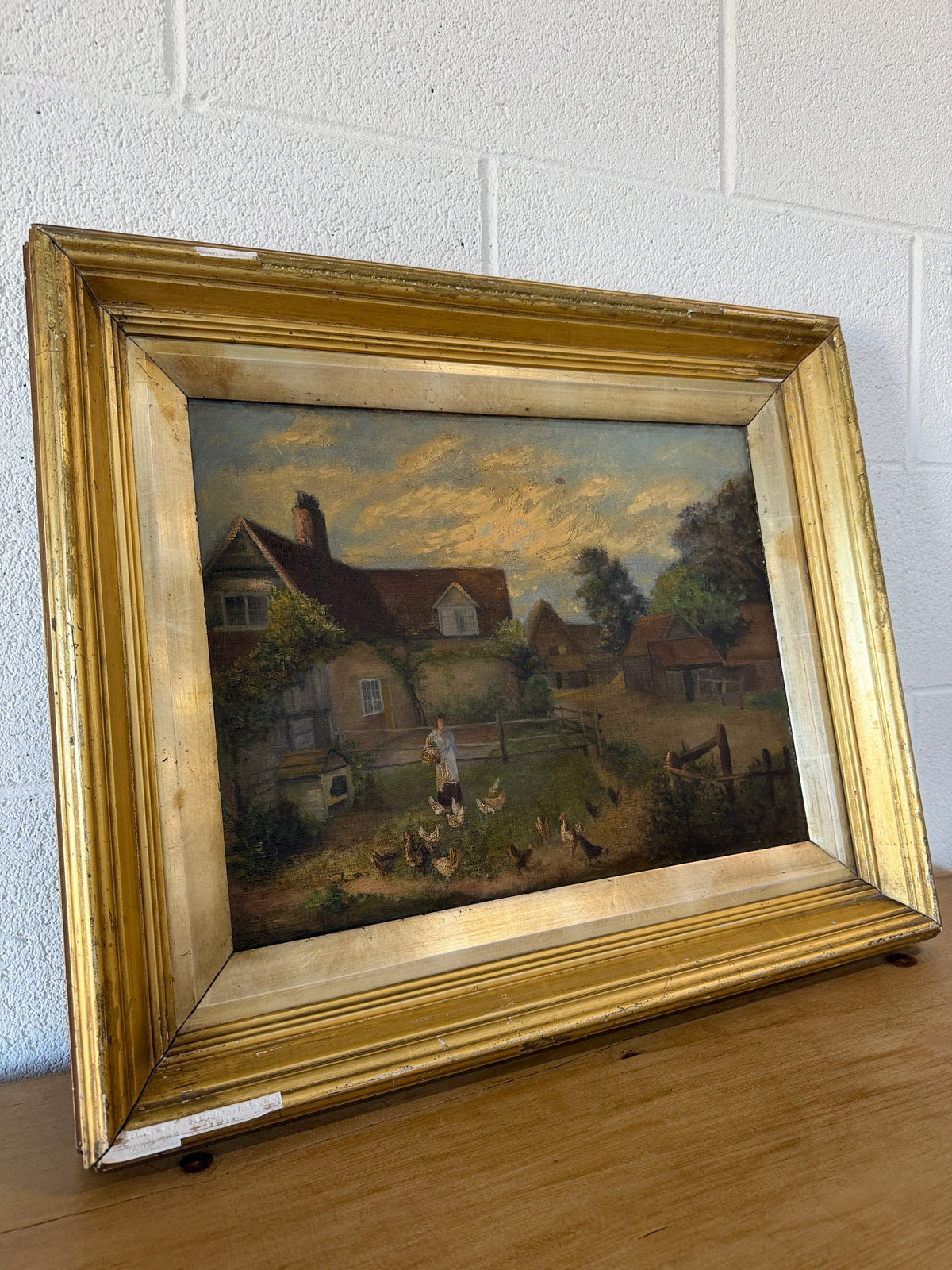 Antique oil on canvas - feeding the animals