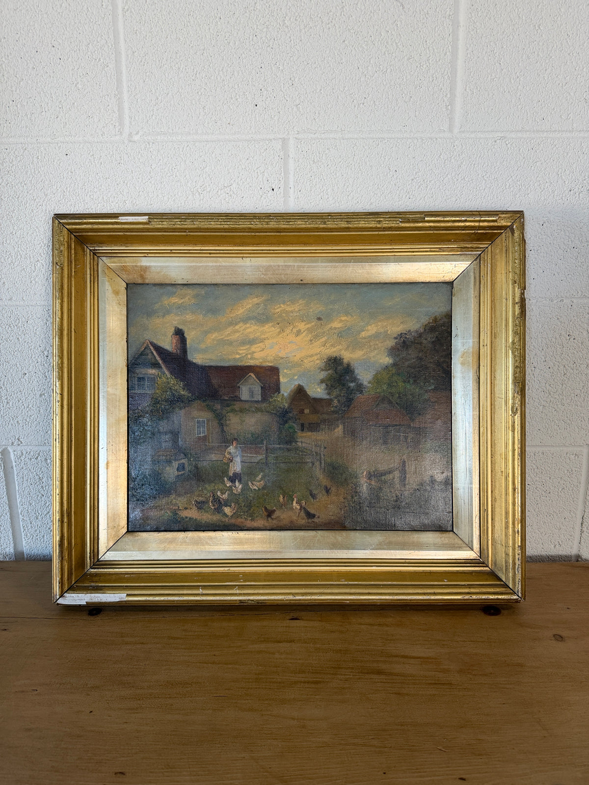 Antique oil on canvas - feeding the animals