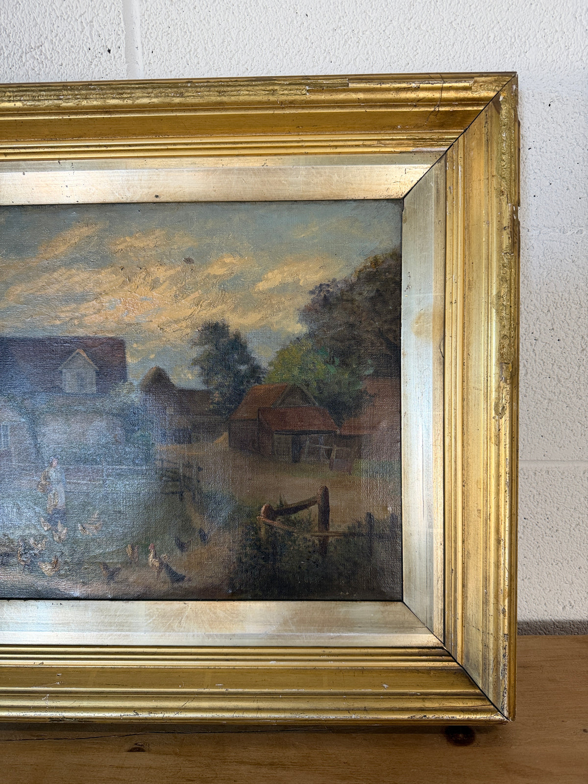 Antique oil on canvas - feeding the animals