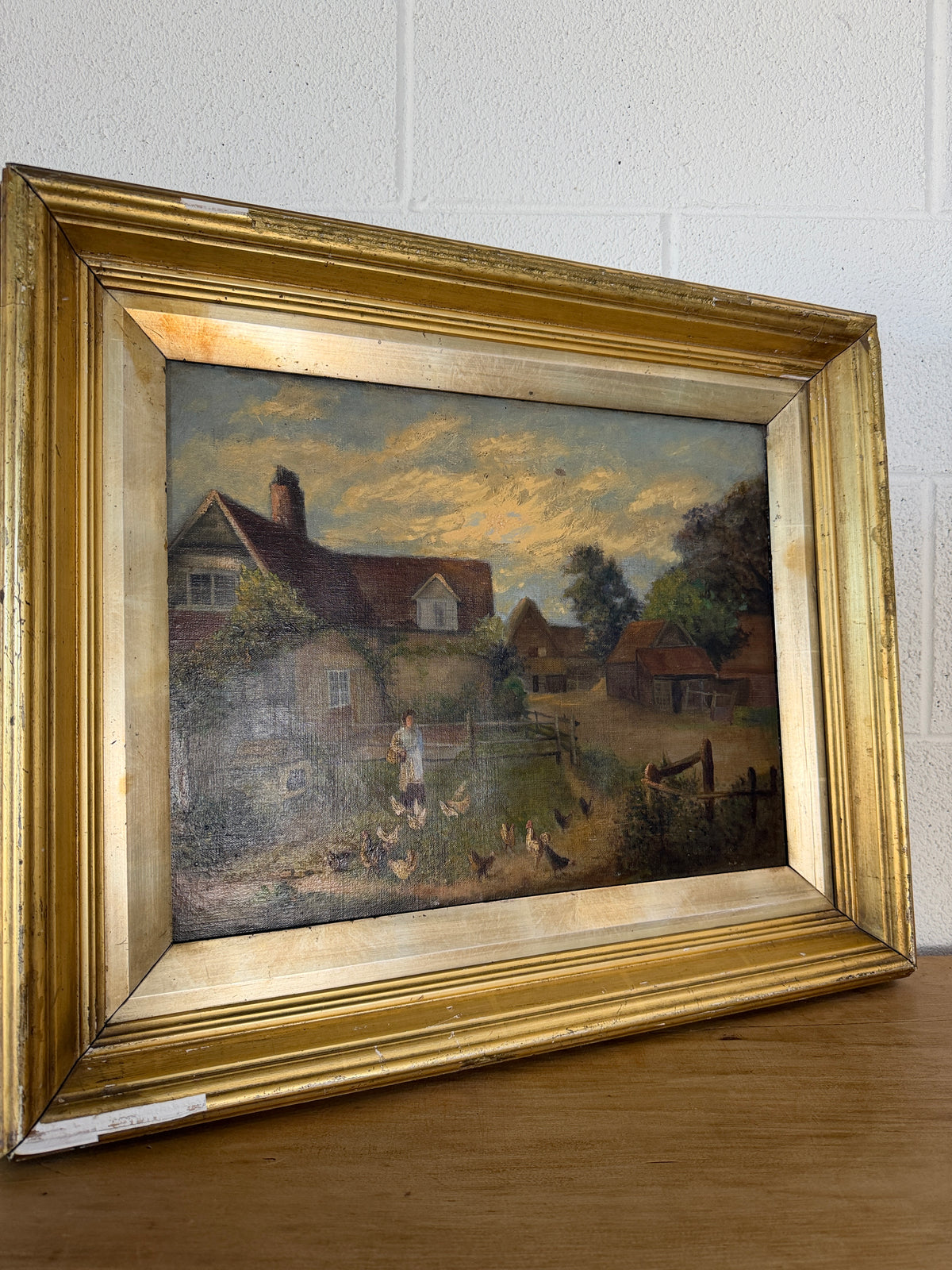 Antique oil on canvas - feeding the animals