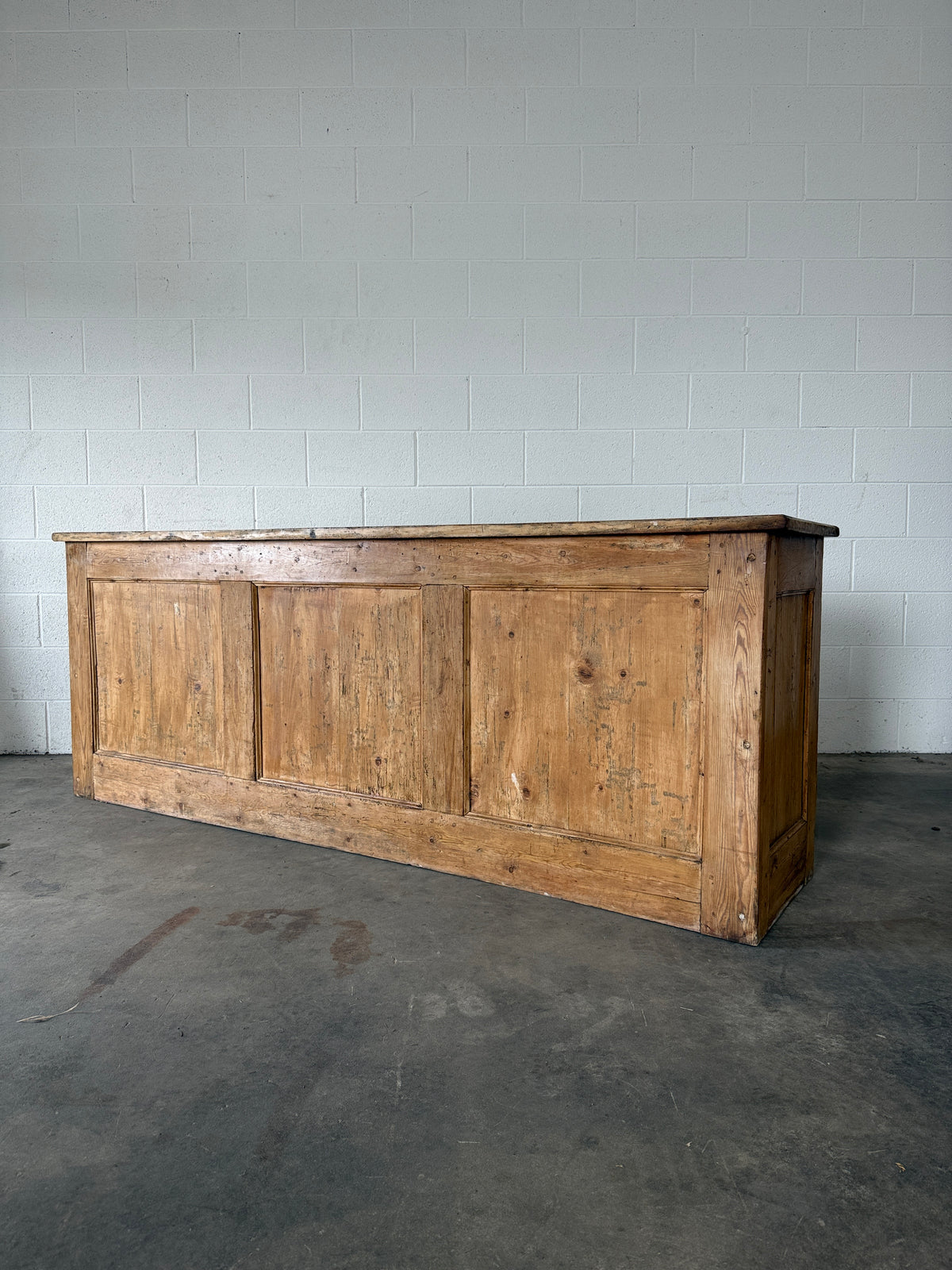 English antique pine shop counter with 15 drawers