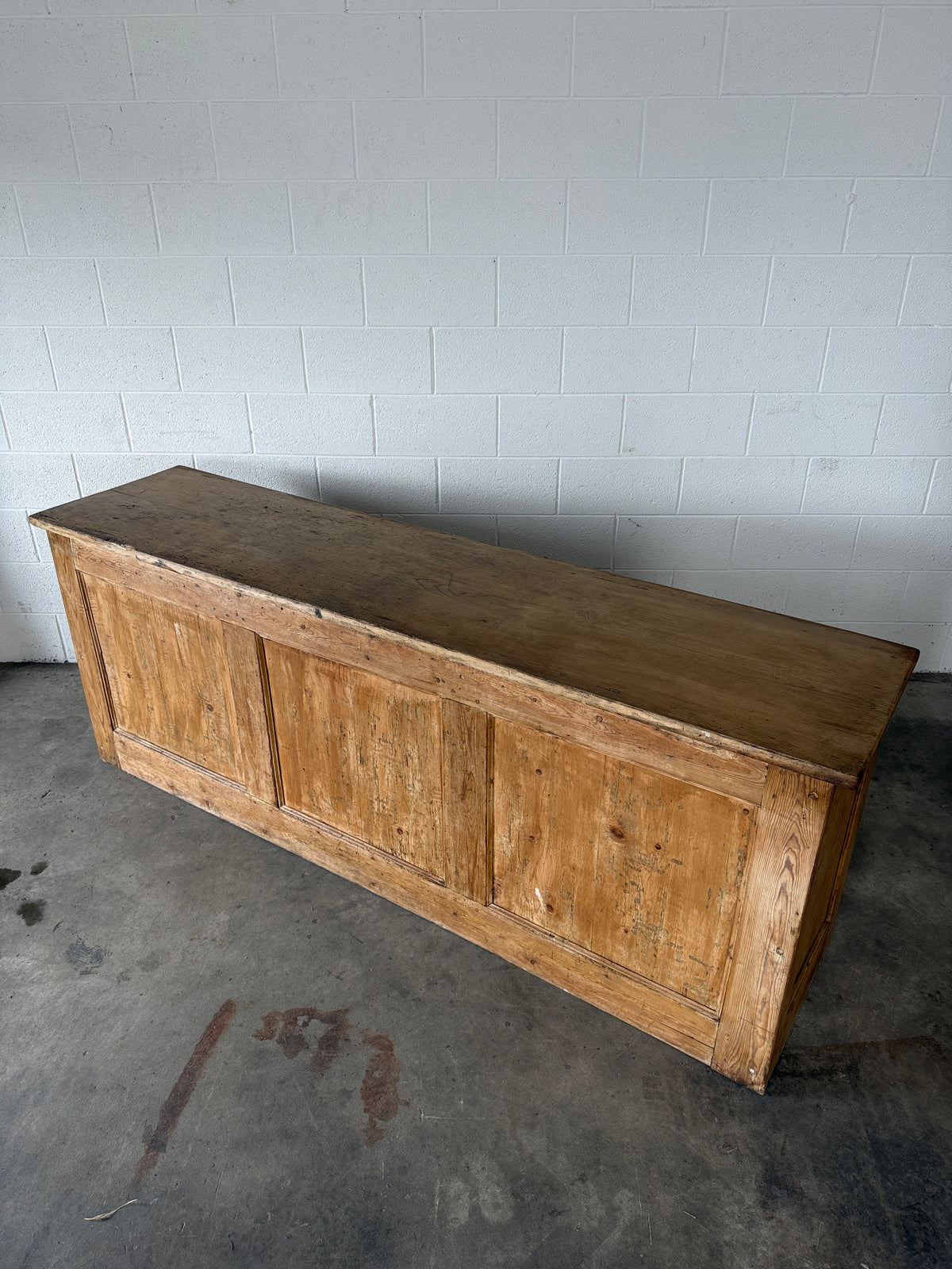 English antique pine shop counter with 15 drawers
