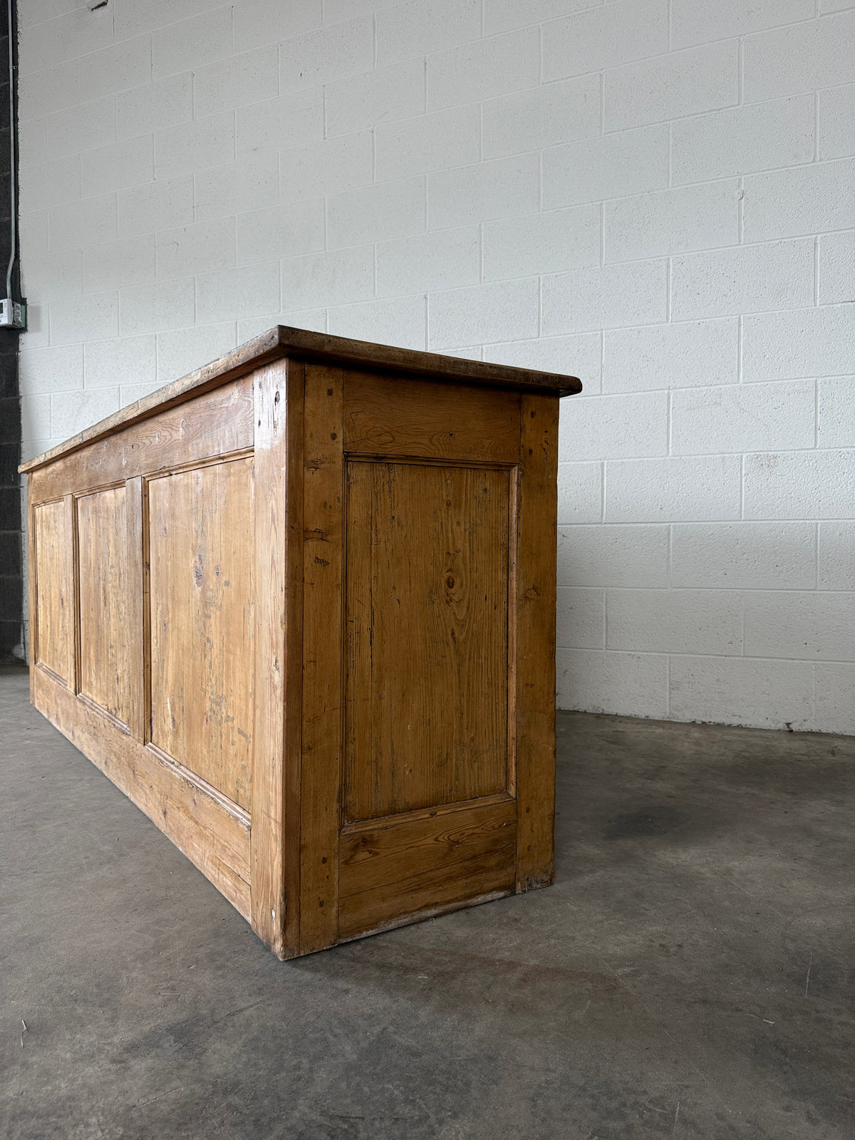 English antique pine shop counter with 15 drawers
