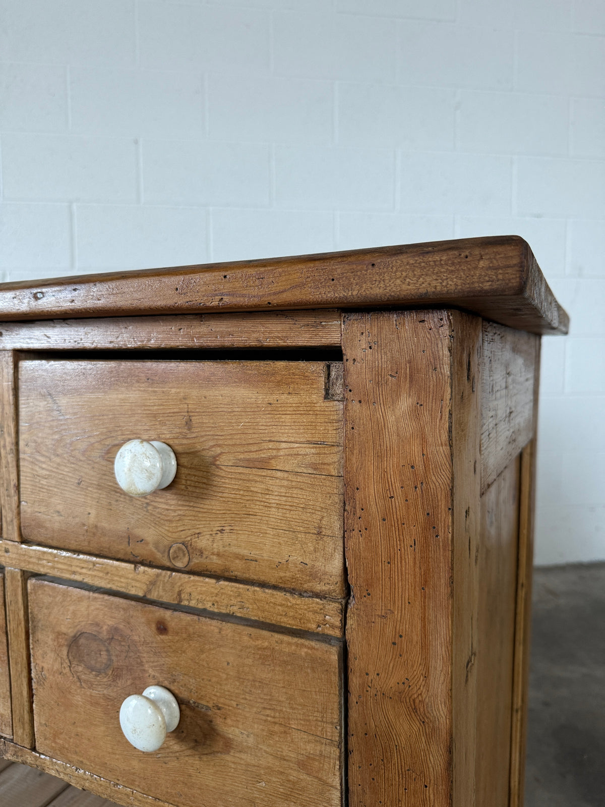 English antique pine shop counter with 15 drawers