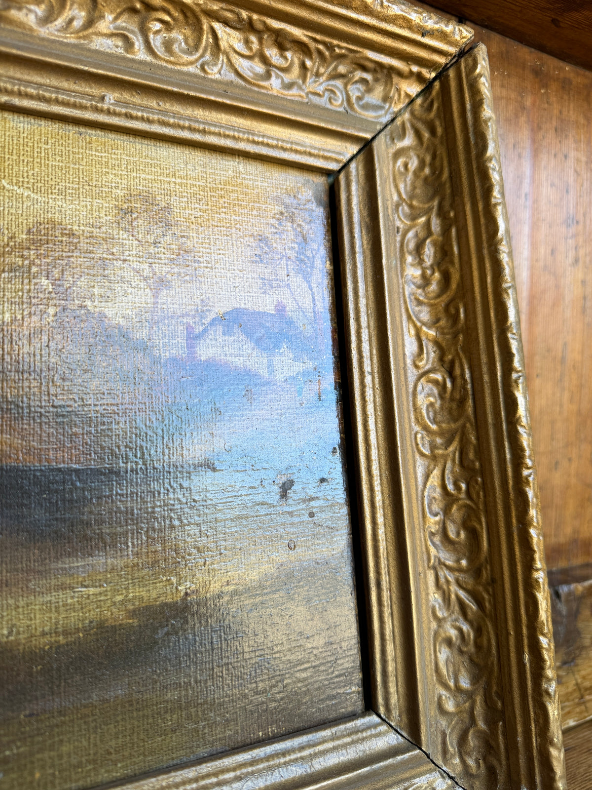 Antique landscape in wooden frame