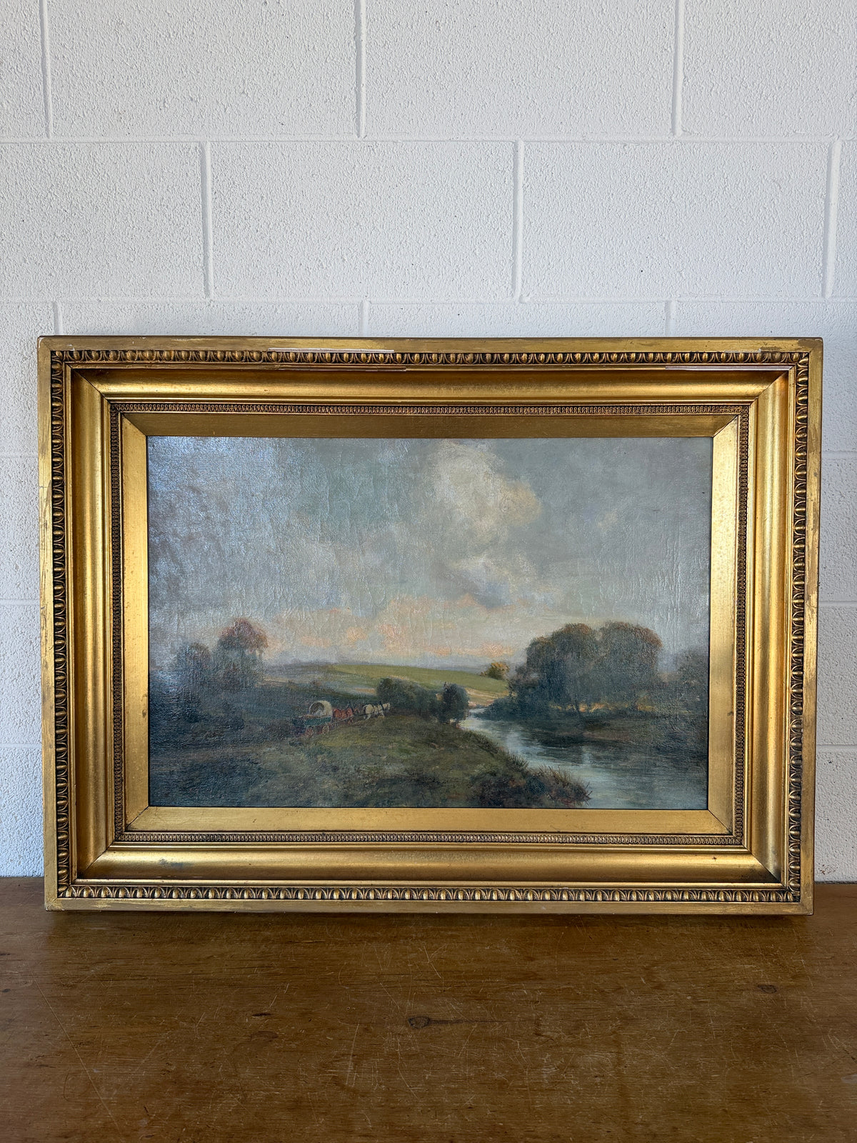Antique oil on canvas - horse and cart in the countryside