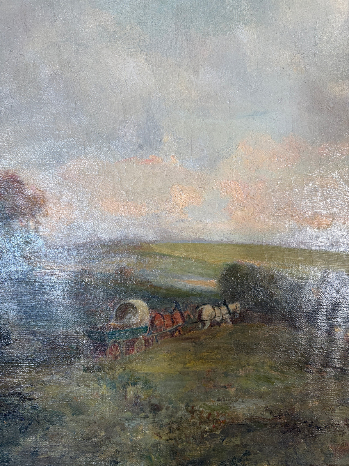 Antique oil on canvas - horse and cart in the countryside