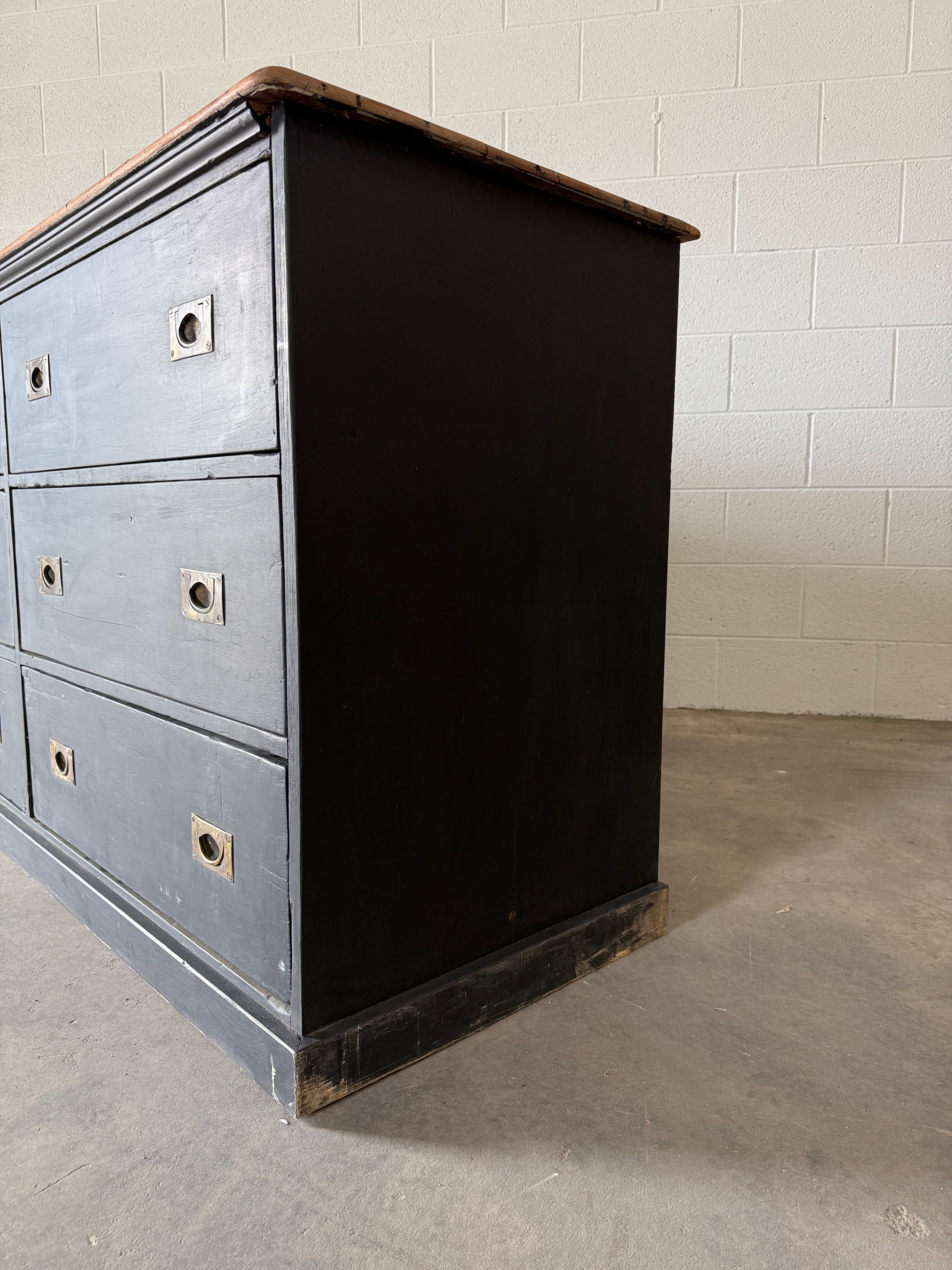 Antique English pine drawers with campaign handles
