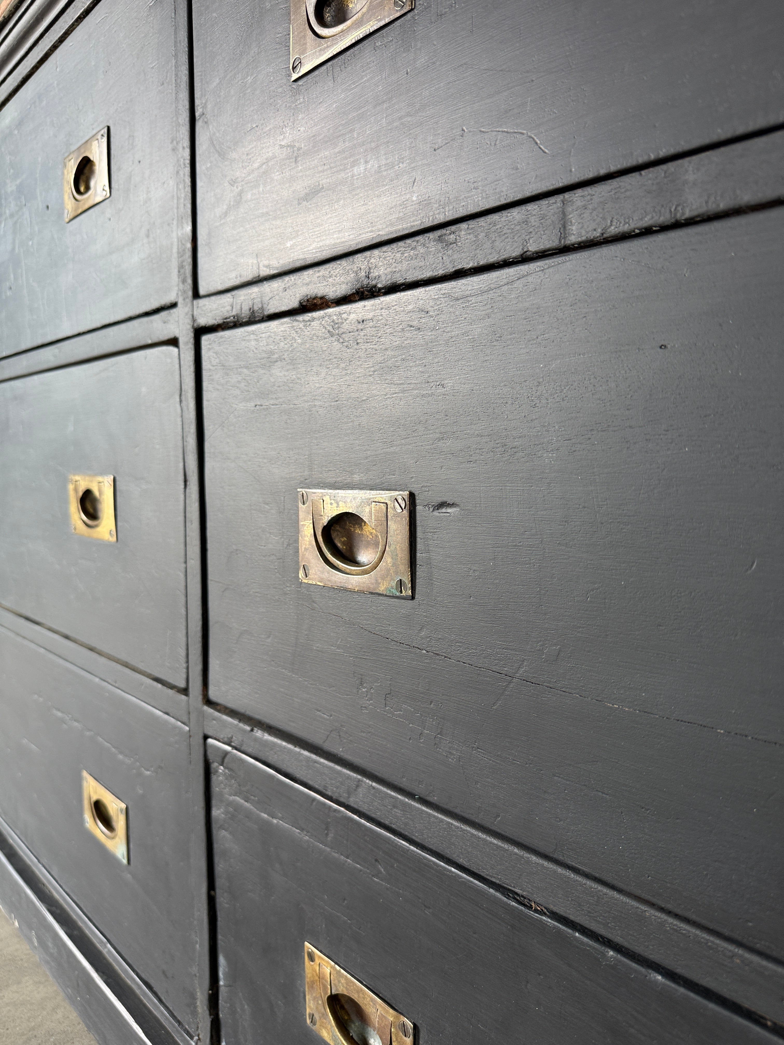 Antique English pine drawers with campaign handles