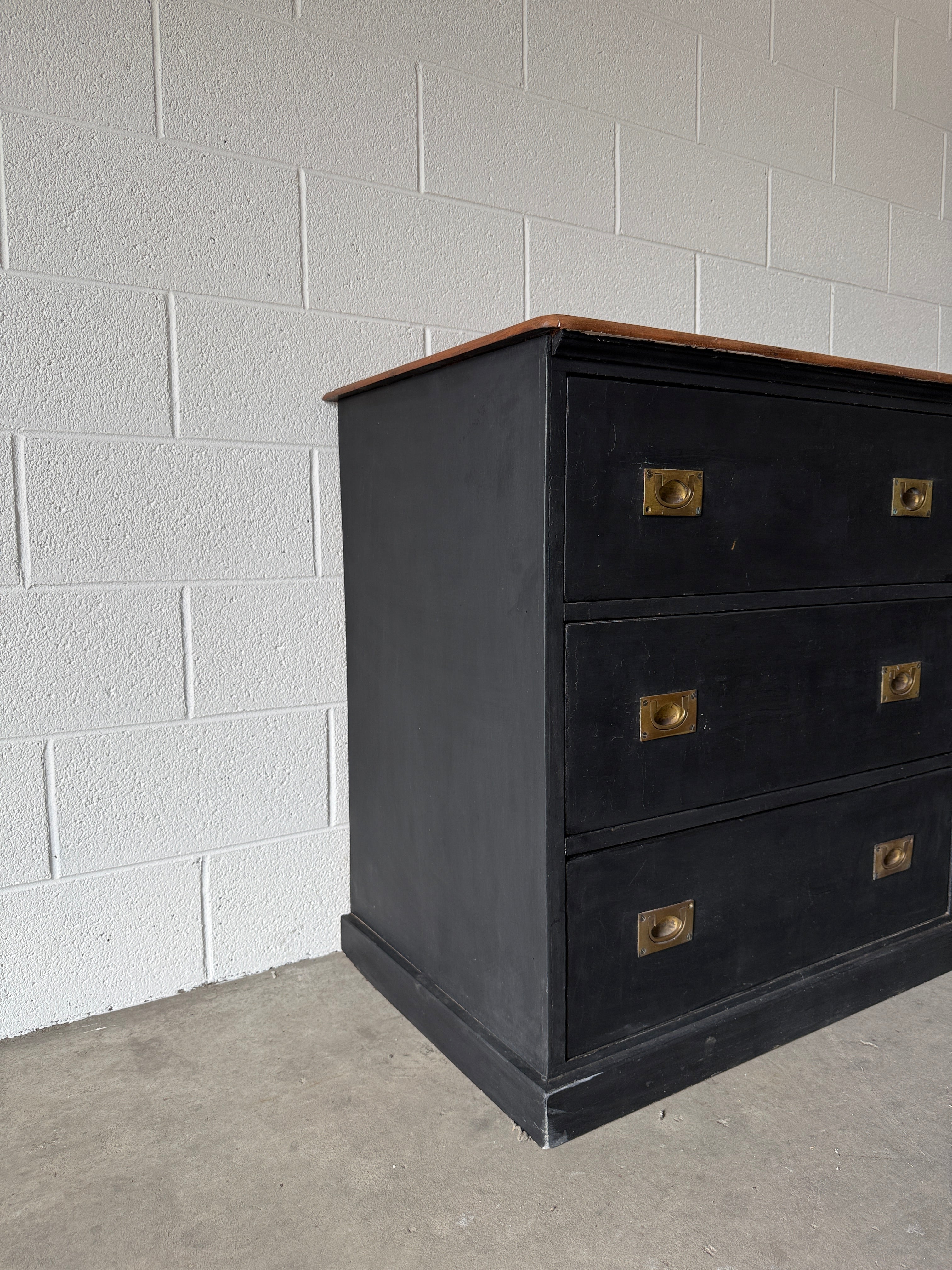 Antique English pine drawers with campaign handles