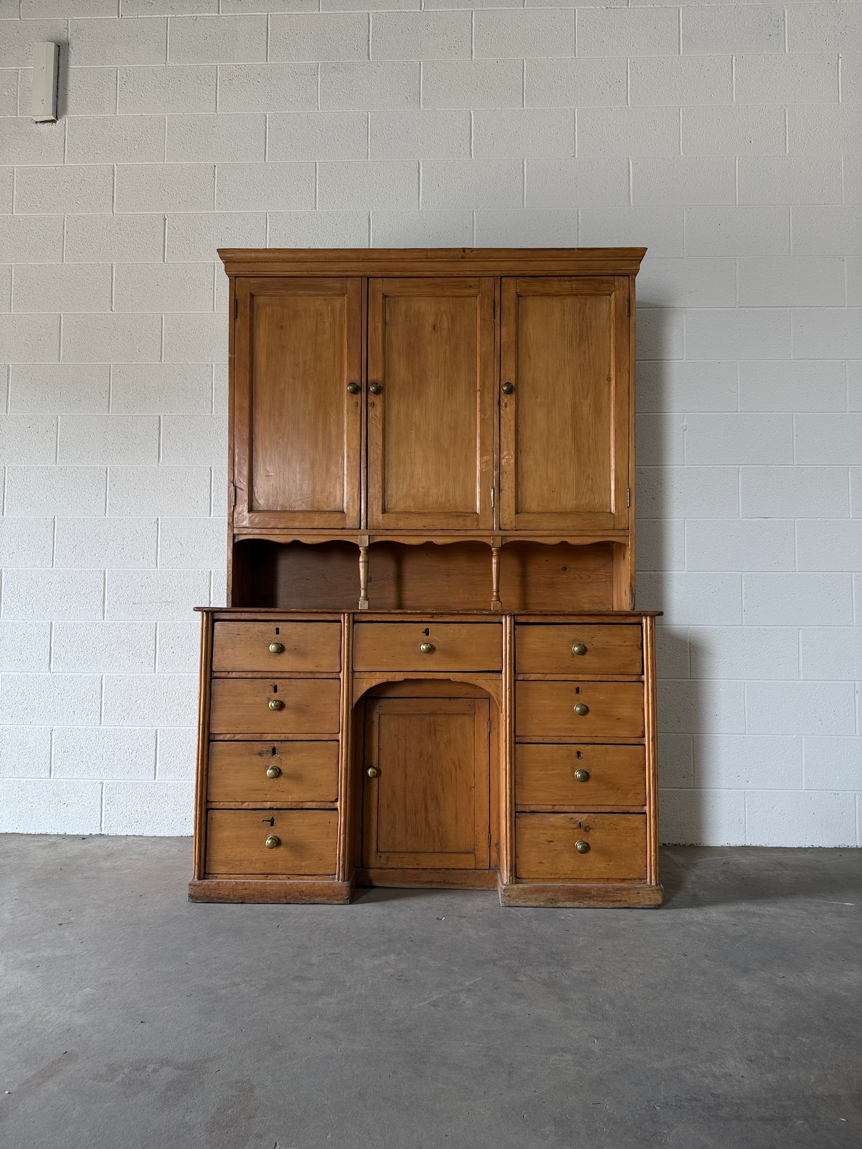 Scalloped English pine housekeeper’s cupboard