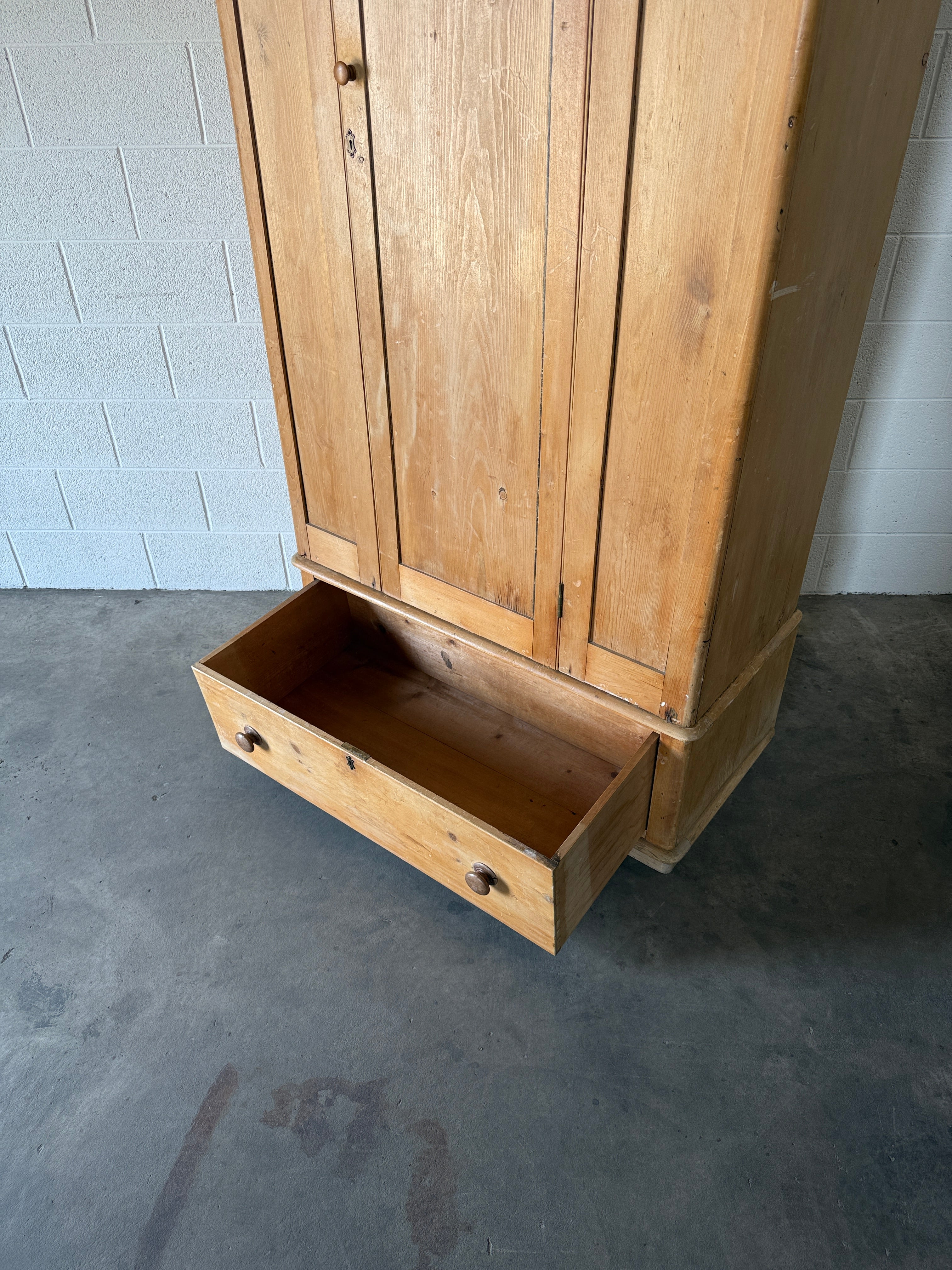 English Antique Pine Wardrobe with Drawer