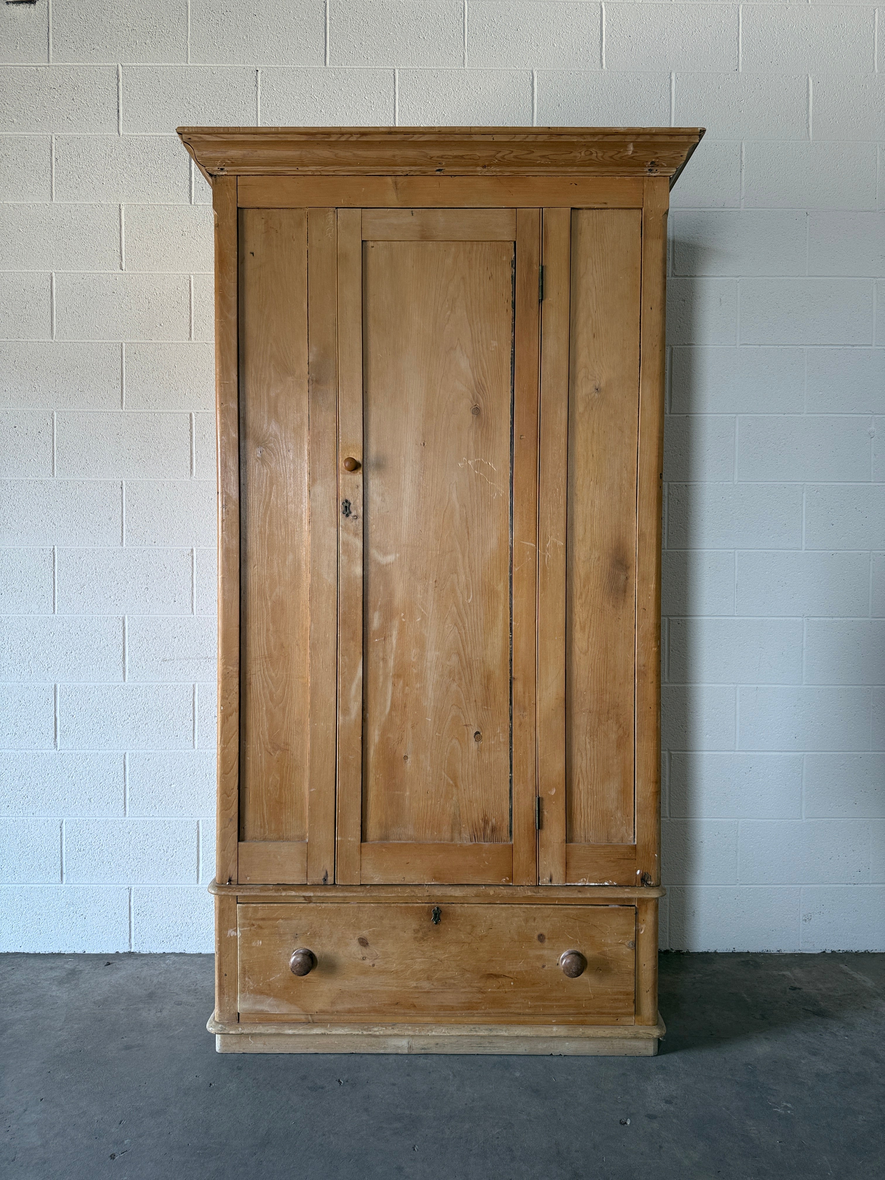 English Antique Pine Wardrobe with Drawer