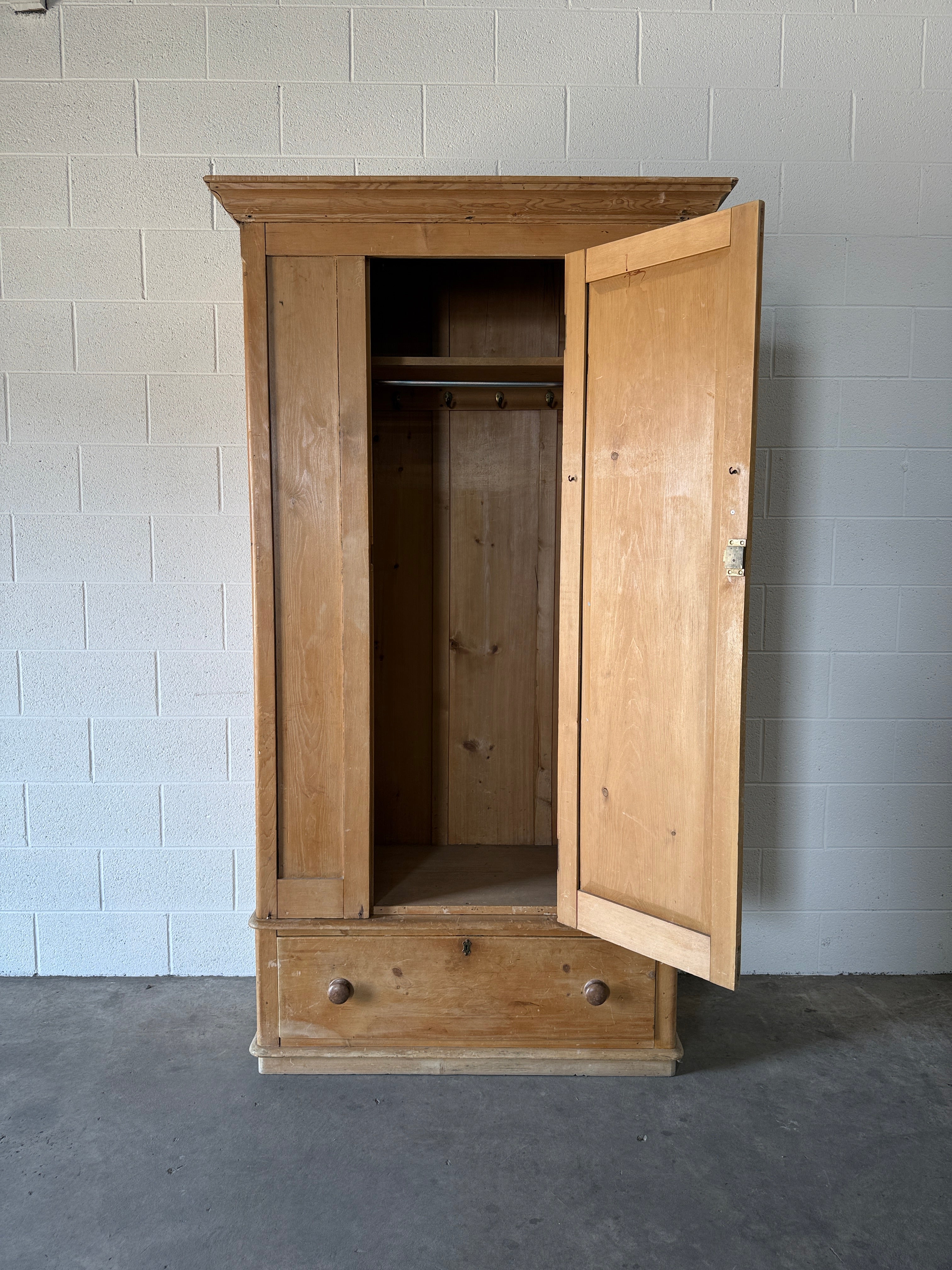 English Antique Pine Wardrobe with Drawer