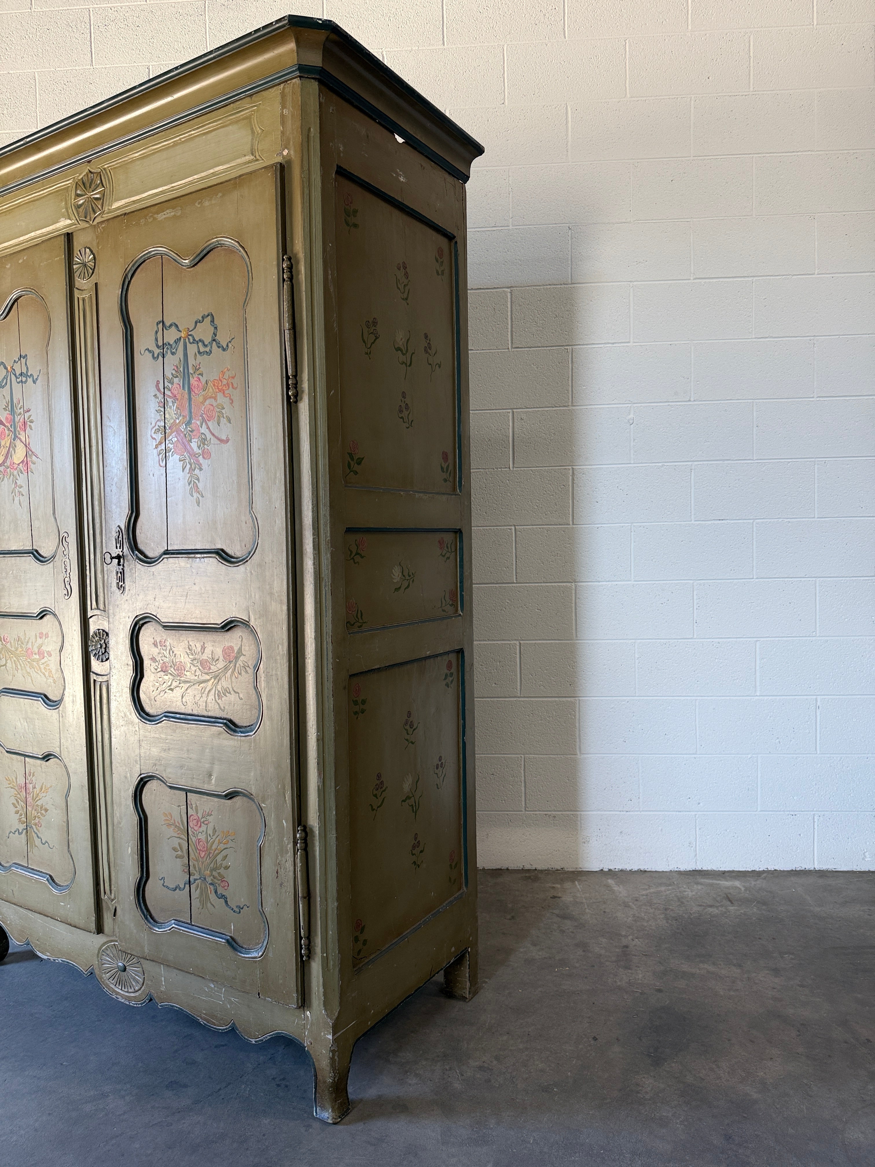 Antique French Provincial armoire with original painted decoration