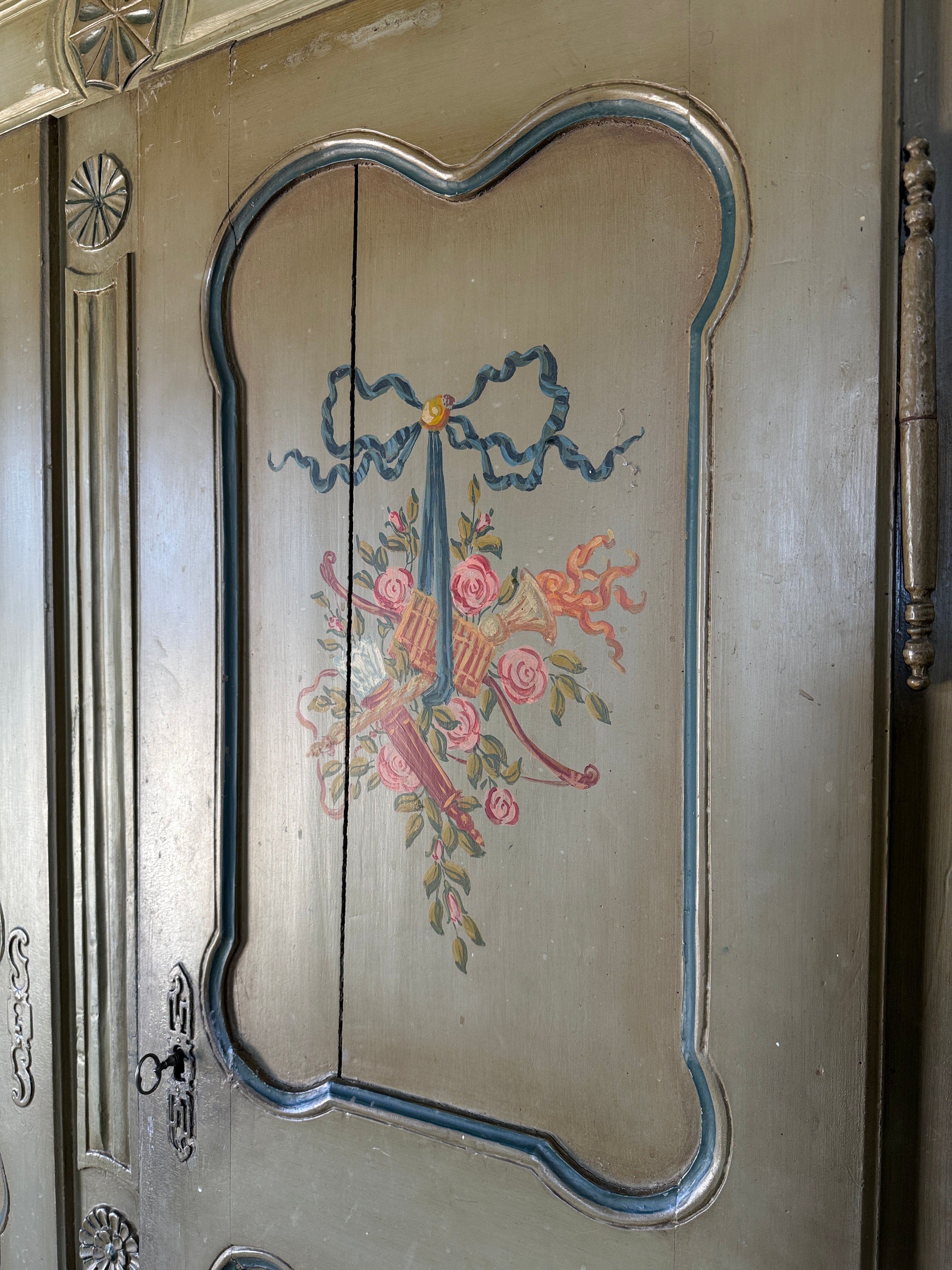 Antique French Provincial armoire with original painted decoration