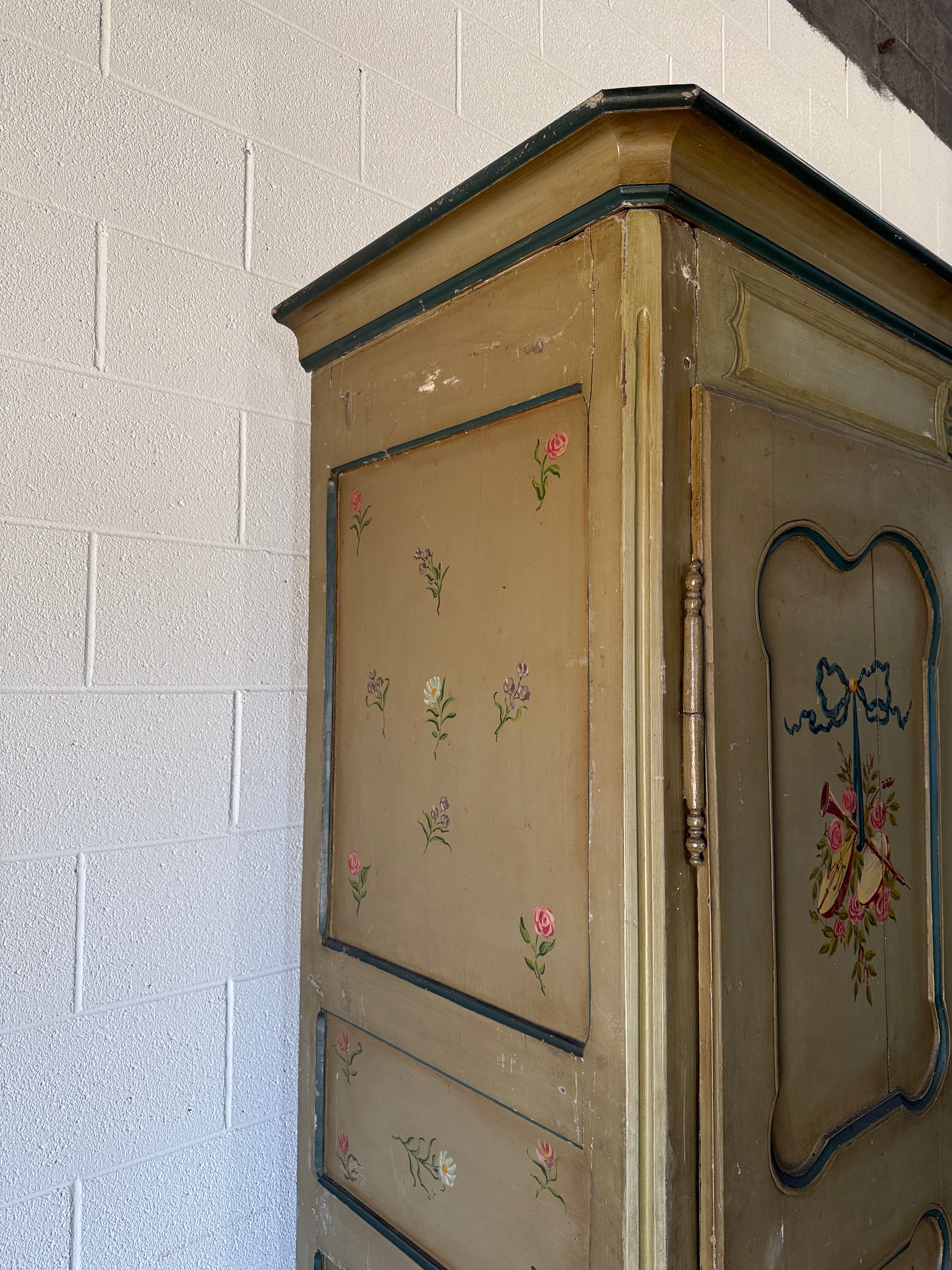 Antique French Provincial armoire with original painted decoration