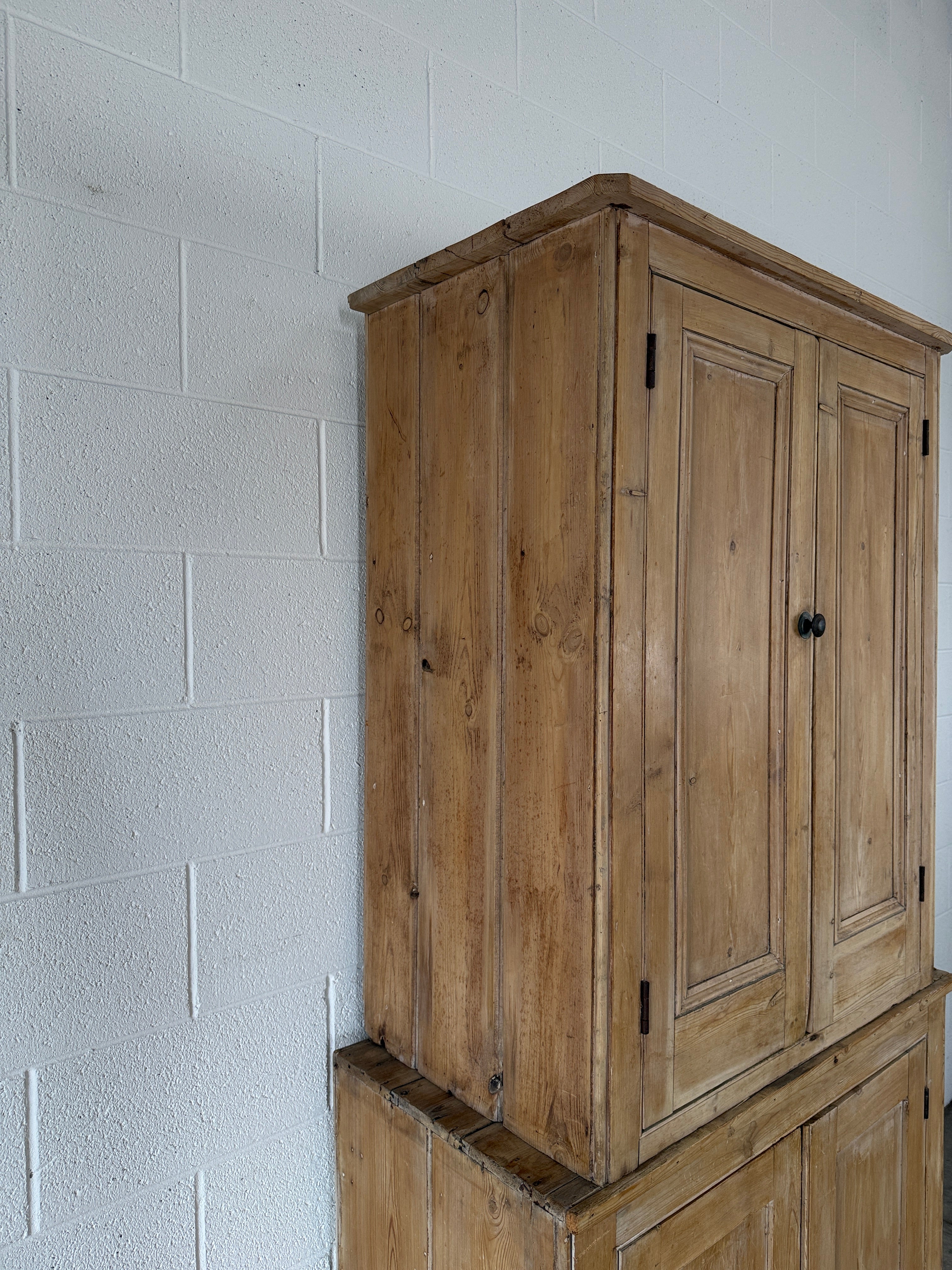 19th‑Century English two-part pine housekeeper’s cupboard