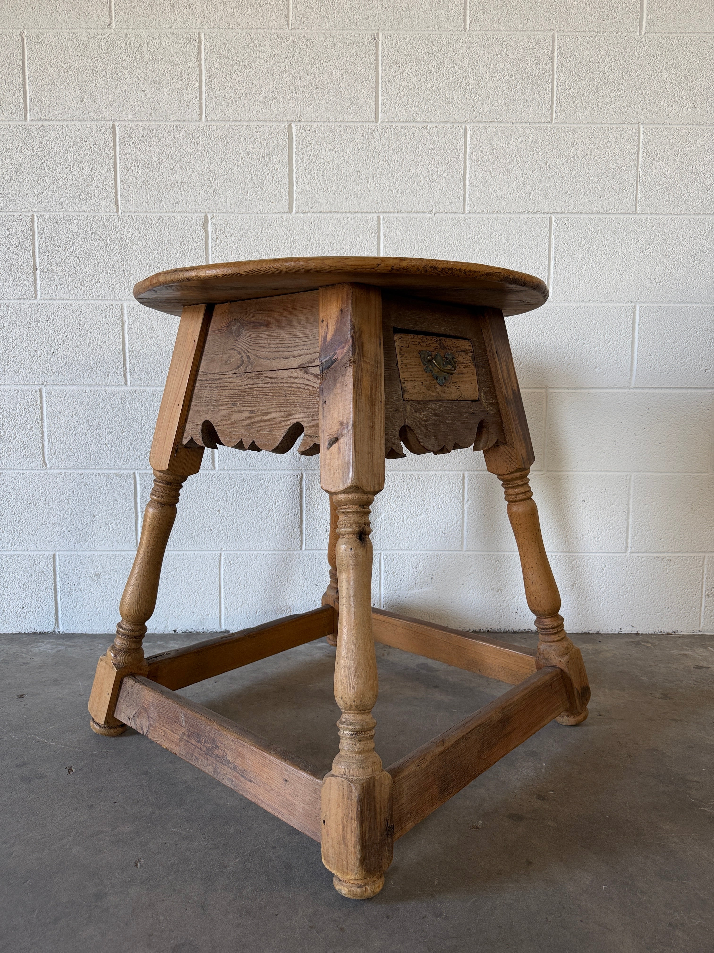 Antique European pine side table with drawer