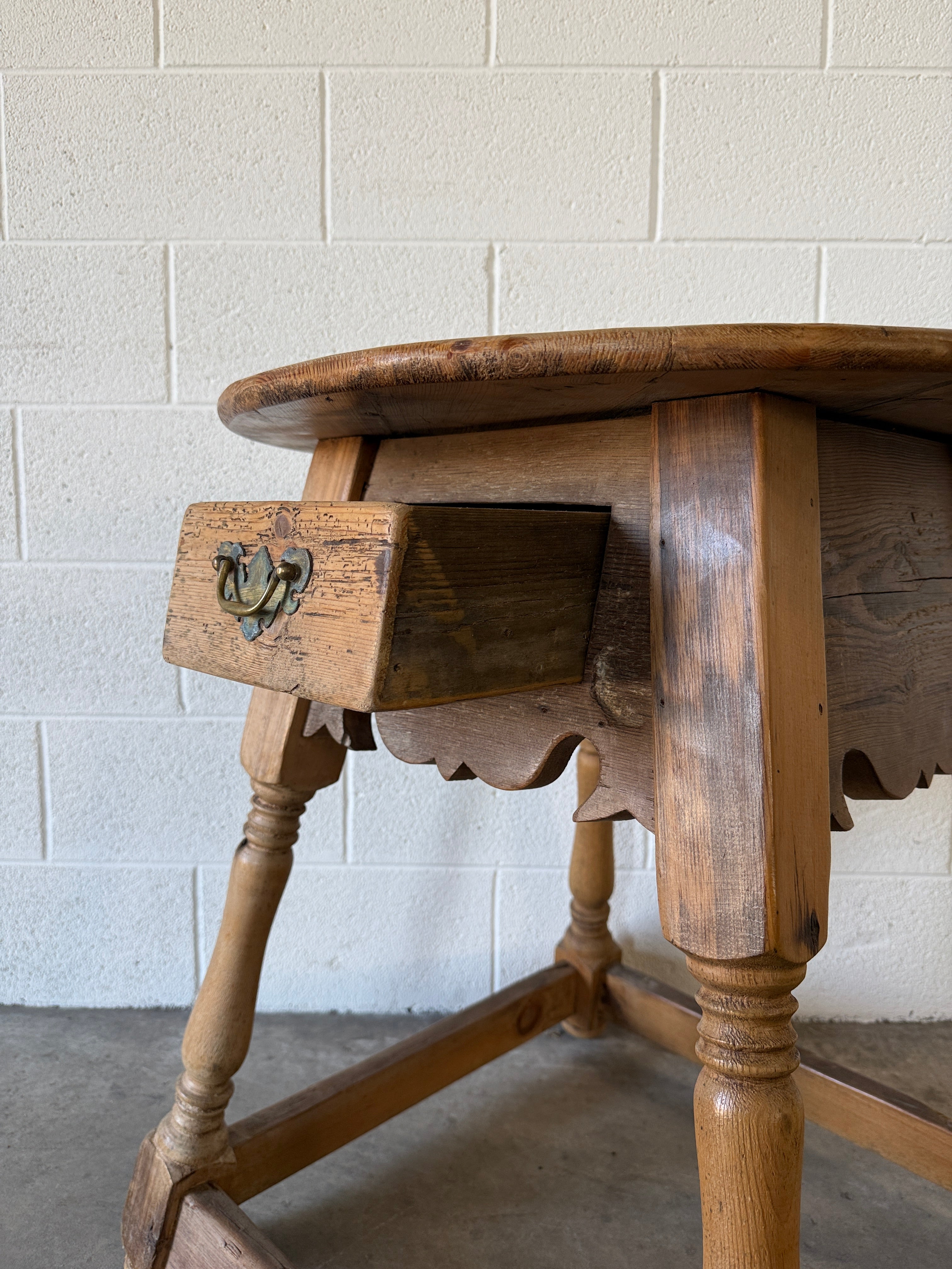 Antique European pine side table with drawer