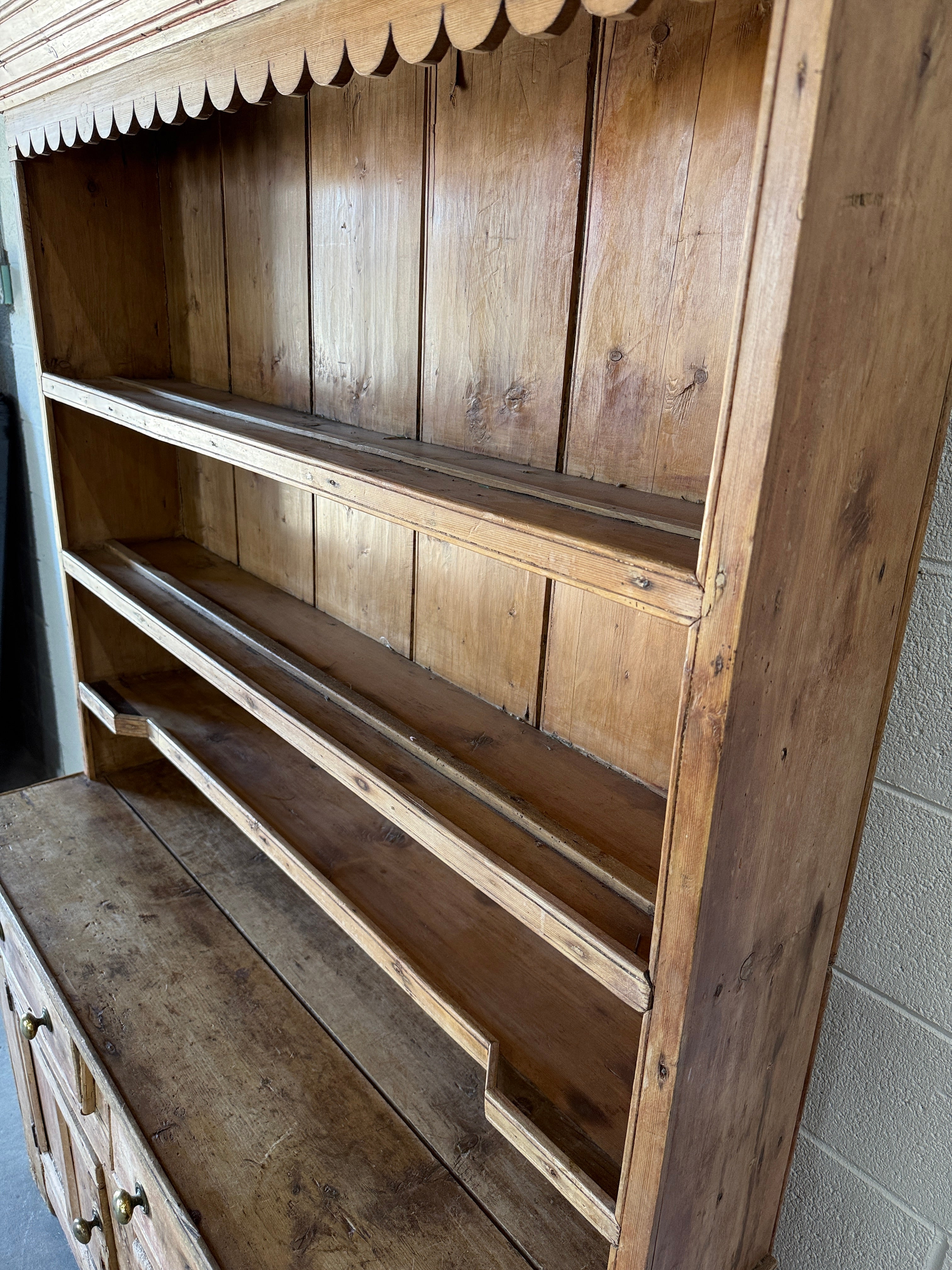 Antique Irish pine hutch with scalloped trim